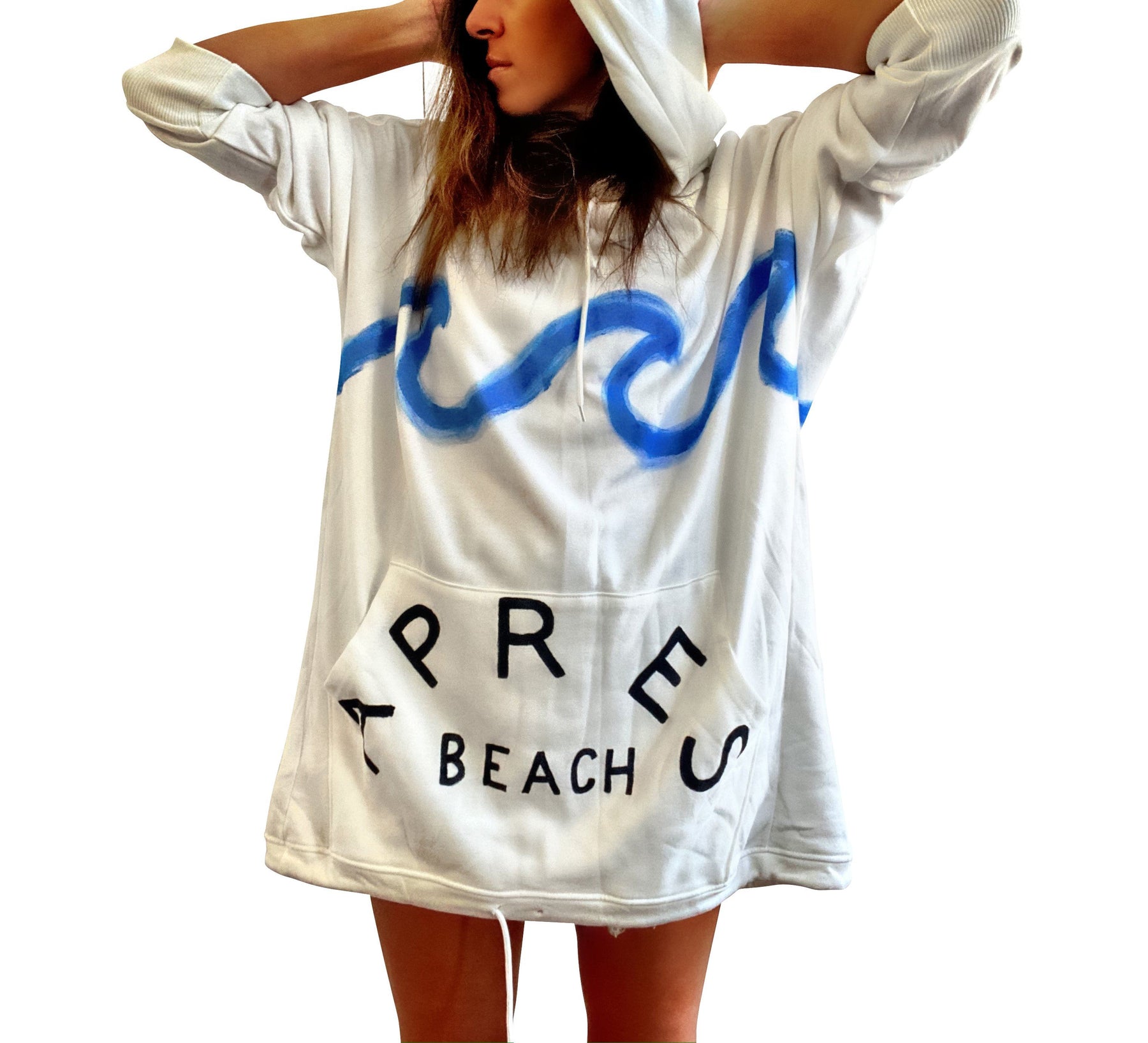 Oversized white sweatshirt dress. Blue wave painted along entire sweatshirt, on chest area, with APRES BEACH painted in black on front pocket. Signed @wrenandglory.