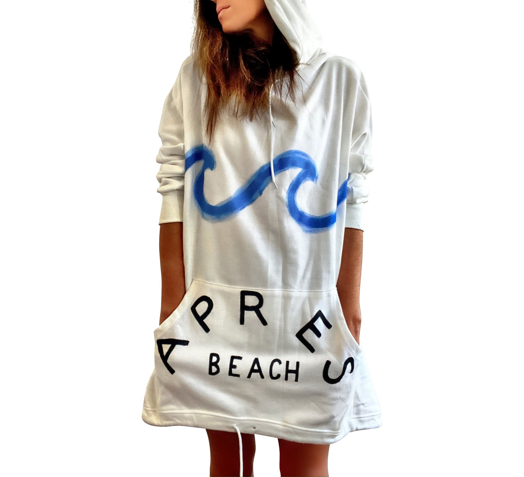 Oversized white sweatshirt dress. Blue wave painted along entire sweatshirt, on chest area, with APRES BEACH painted in black on front pocket. Signed @wrenandglory.