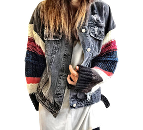 Black denim jacket with super comfortable & colorful knit sleeves. GOOD GIRLS GO TO HEAVEN, BAD GIRLS GO BACKSTAGE painted on back in bright red. Signed @wrenandglory.