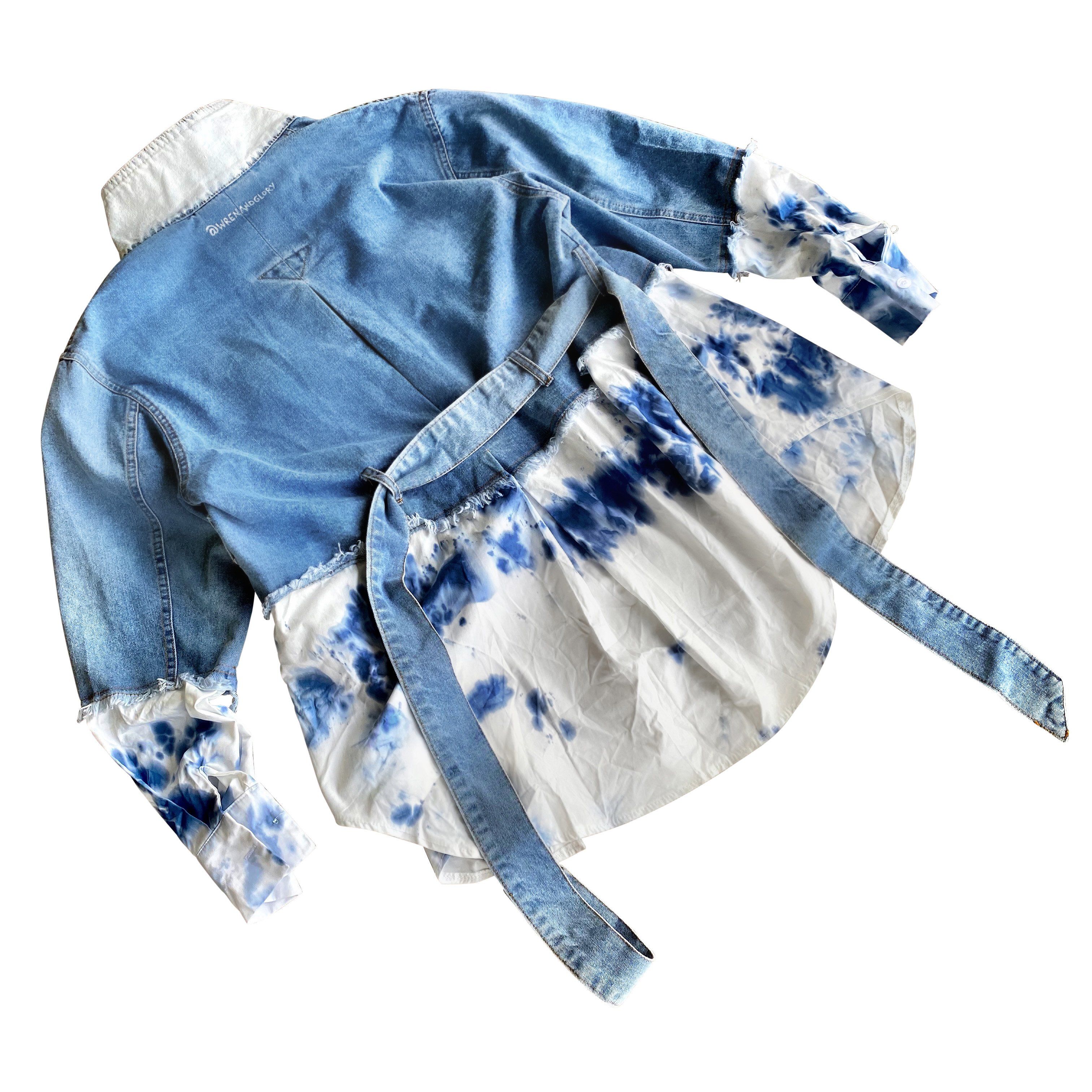 Blue denim, with white cotton along bottom half and bottom of sleeves. Blue tie dye pattern on white portion. Collar and front pockets painted white. Signed @wrenandglory.