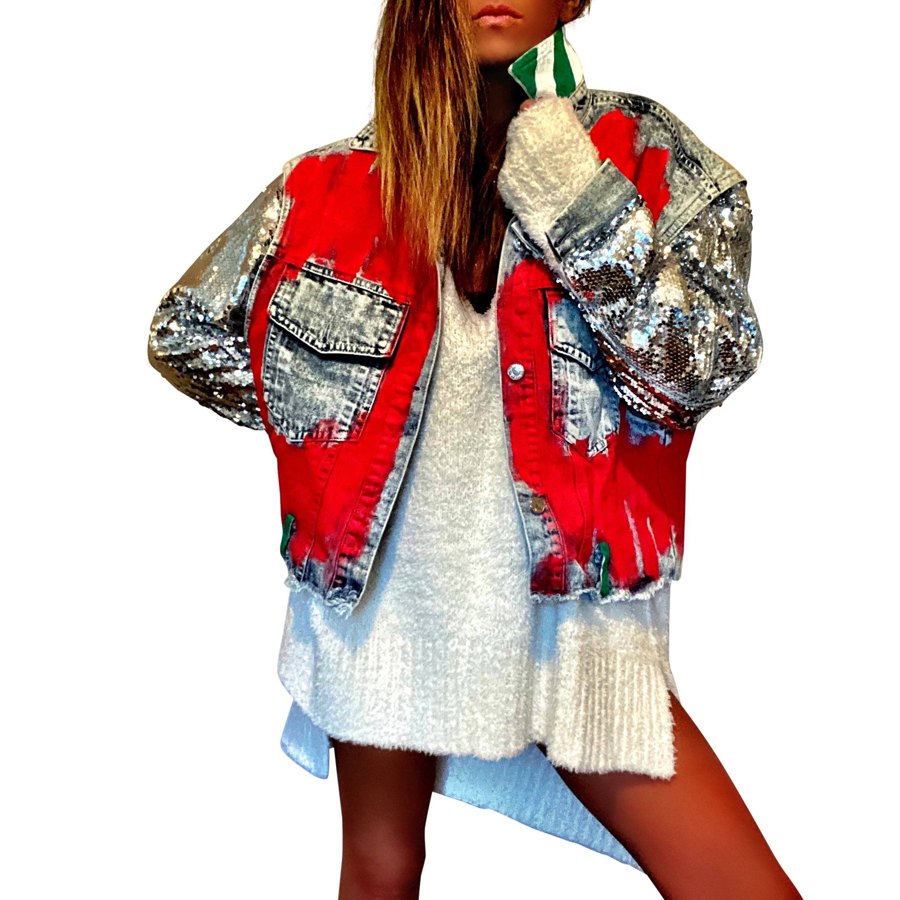 Blue denim jacket with sequined sleeves. Red base painted throughout, with gingerbread man on back, and BITE ME in semi circle above it. Signed @wrenandglory.