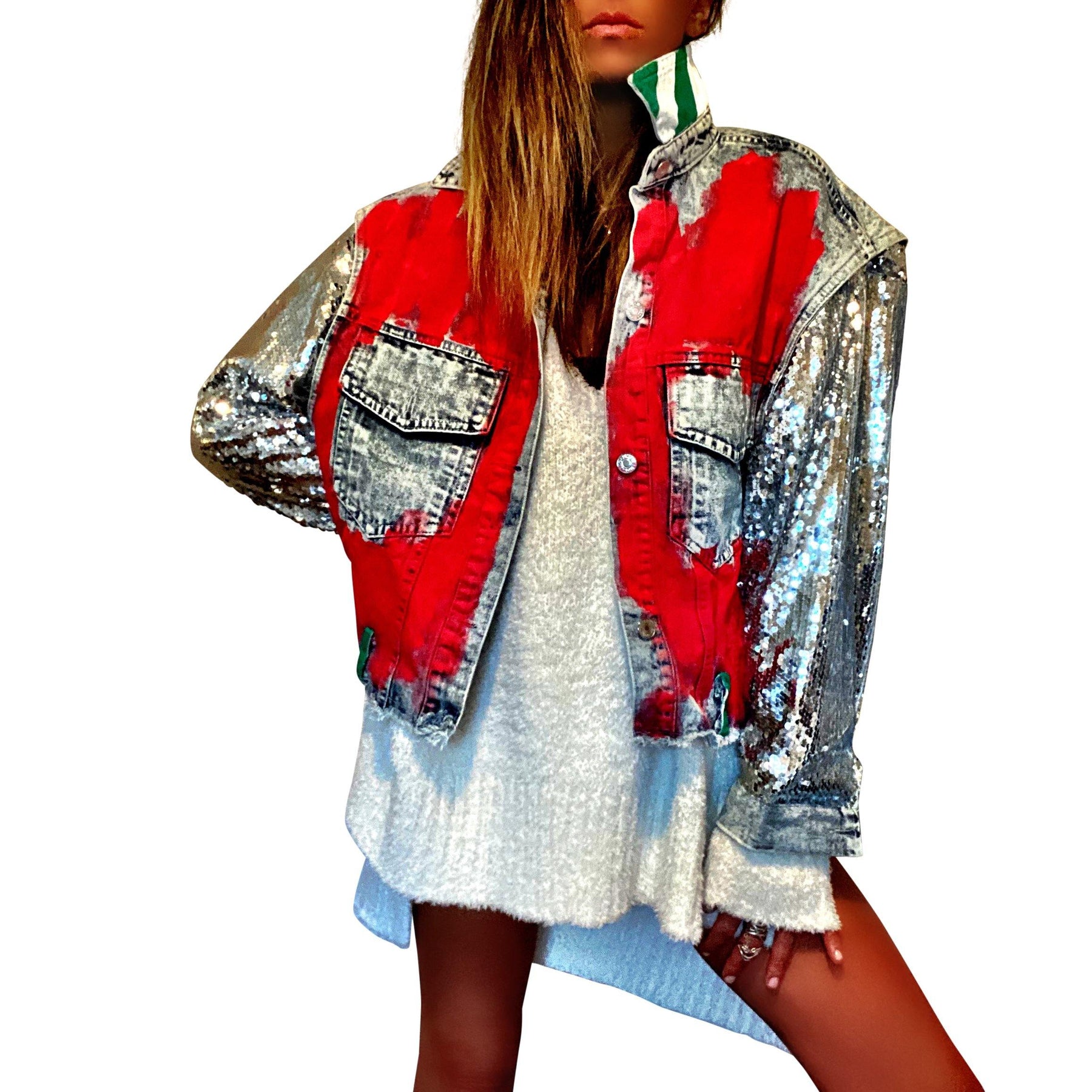Blue denim jacket with sequined sleeves. Red base painted throughout, with gingerbread man on back, and BITE ME in semi circle above it. Signed @wrenandglory.