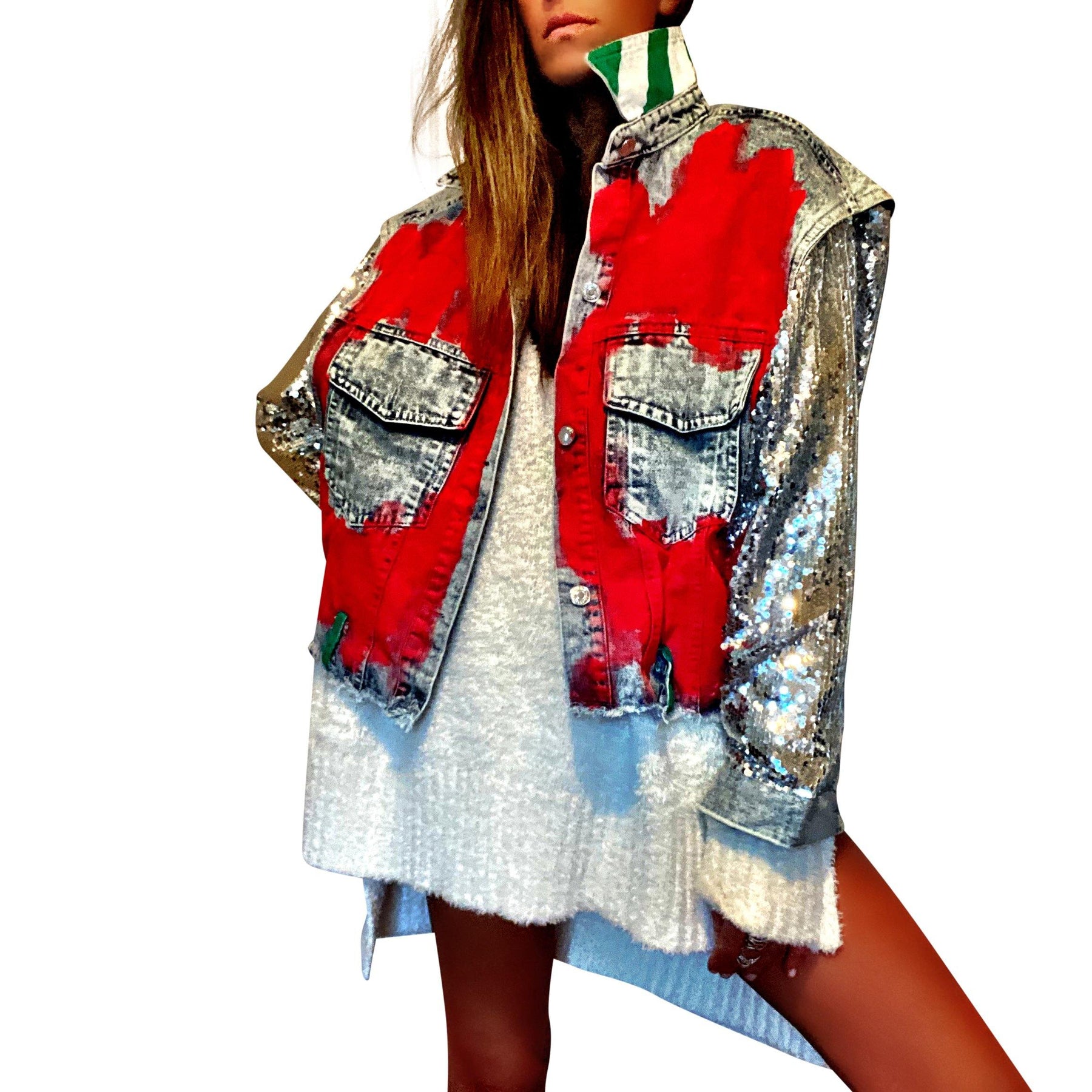 Blue denim jacket with sequined sleeves. Red base painted throughout, with gingerbread man on back, and BITE ME in semi circle above it. Signed @wrenandglory.