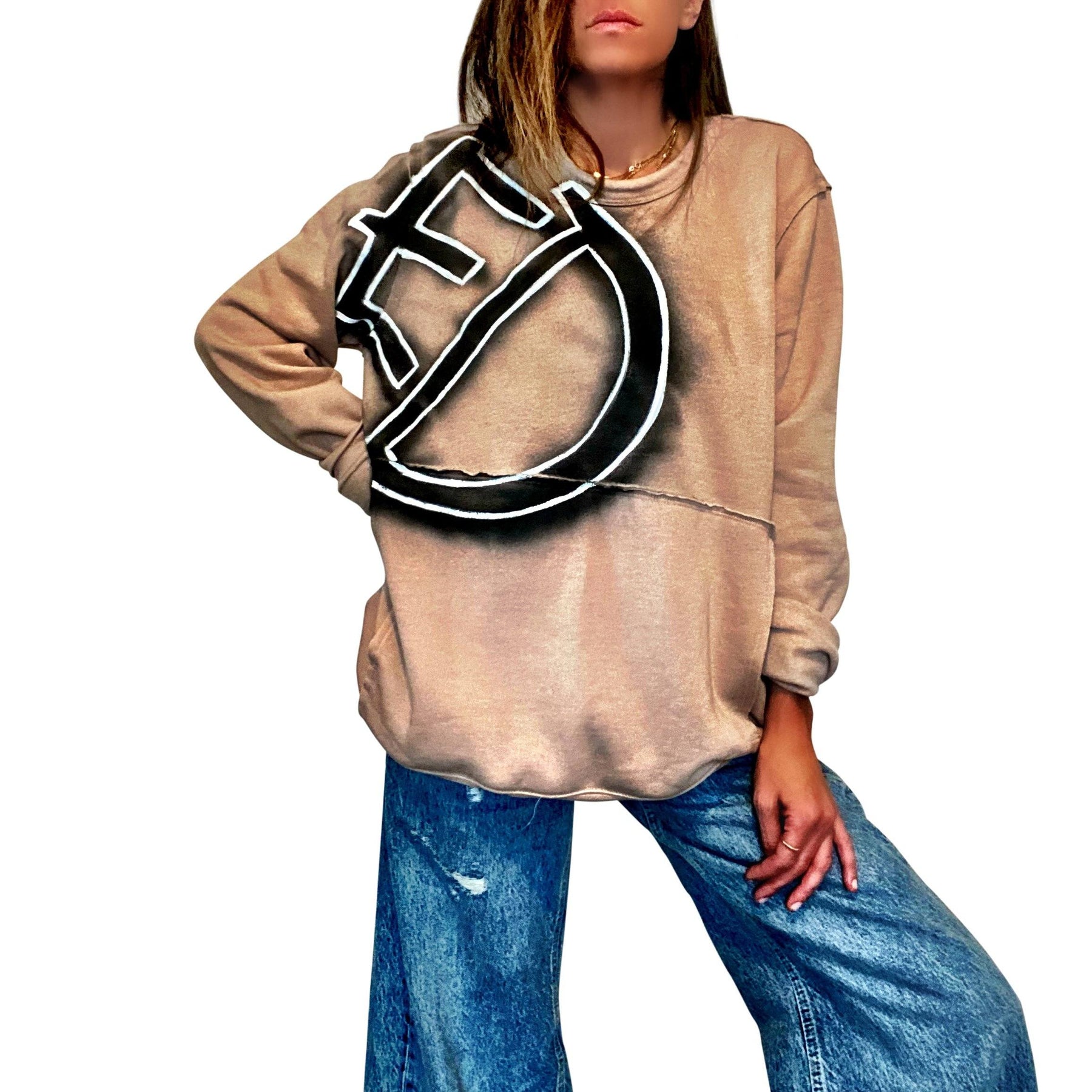 Army green or Tan crewneck sweatshirt. CANCELED painted in black spray paint, with white outline, overlapping from front to back. Signed @wrenandglory.