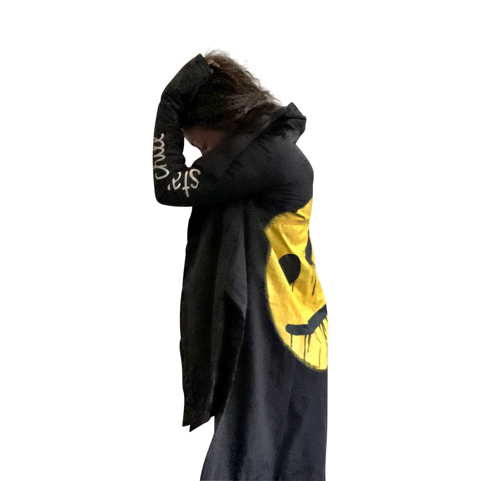 The COOLEST puffer jacket. Large smiley painted on back in yellow, with black drip eyes and mouth. STAY CHILL painted in white on sleeve. Signed @wrenandglory.