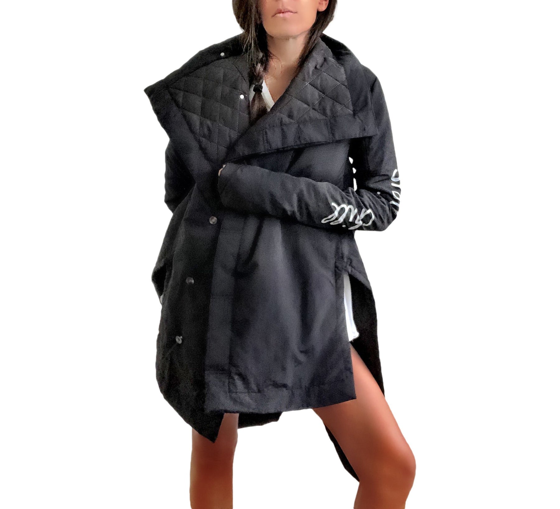 The COOLEST puffer jacket. Large smiley painted on back in yellow, with black drip eyes and mouth. STAY CHILL painted in white on sleeve. Signed @wrenandglory.