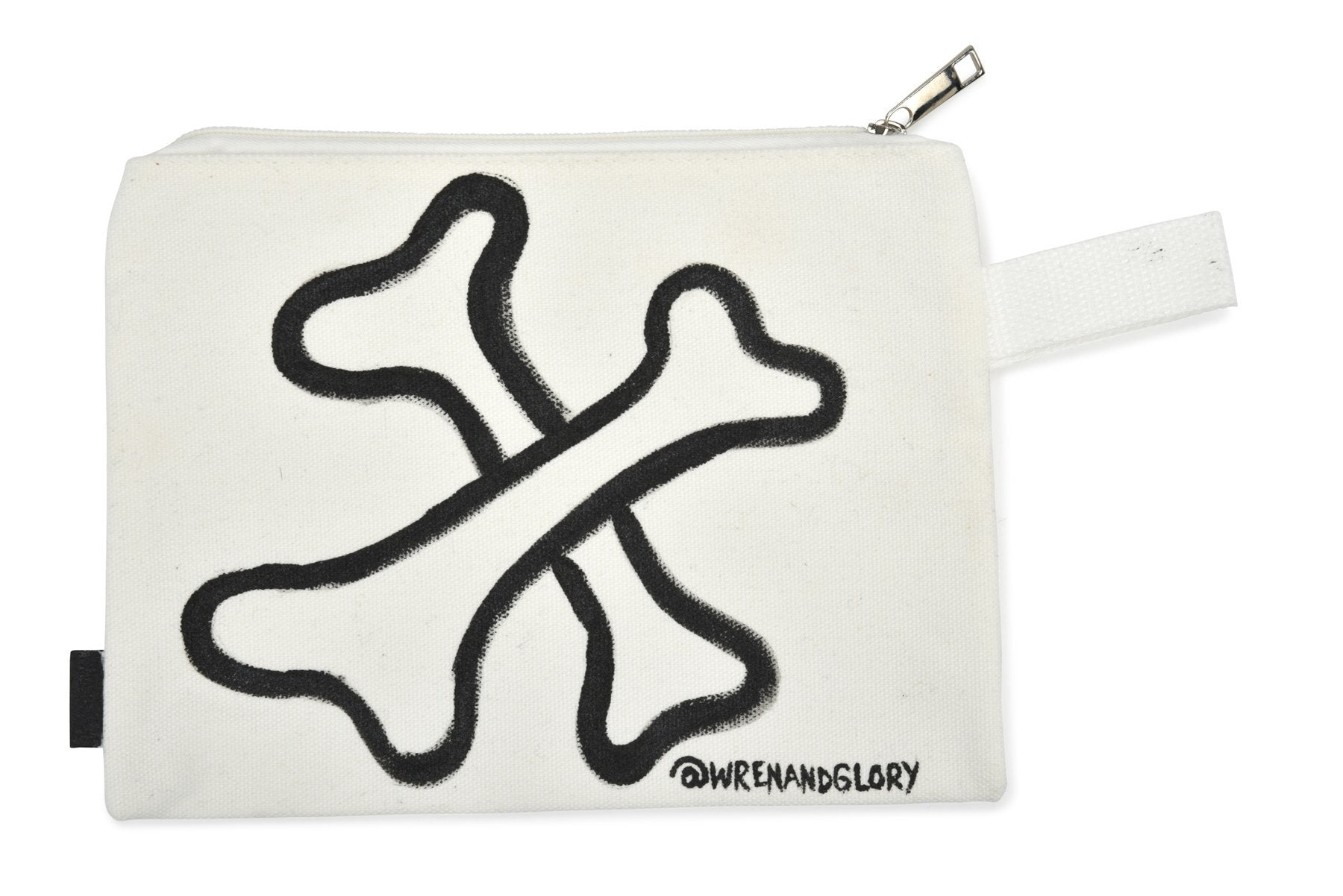 White denim zippered pouch Hand painted 'Bad Bitch' on one side, crossbones on the other.