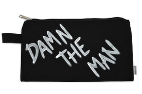 Black denim zippered pouch Hand painted 'Damn The Man' on one side, 'Save The Empire' on the other side.