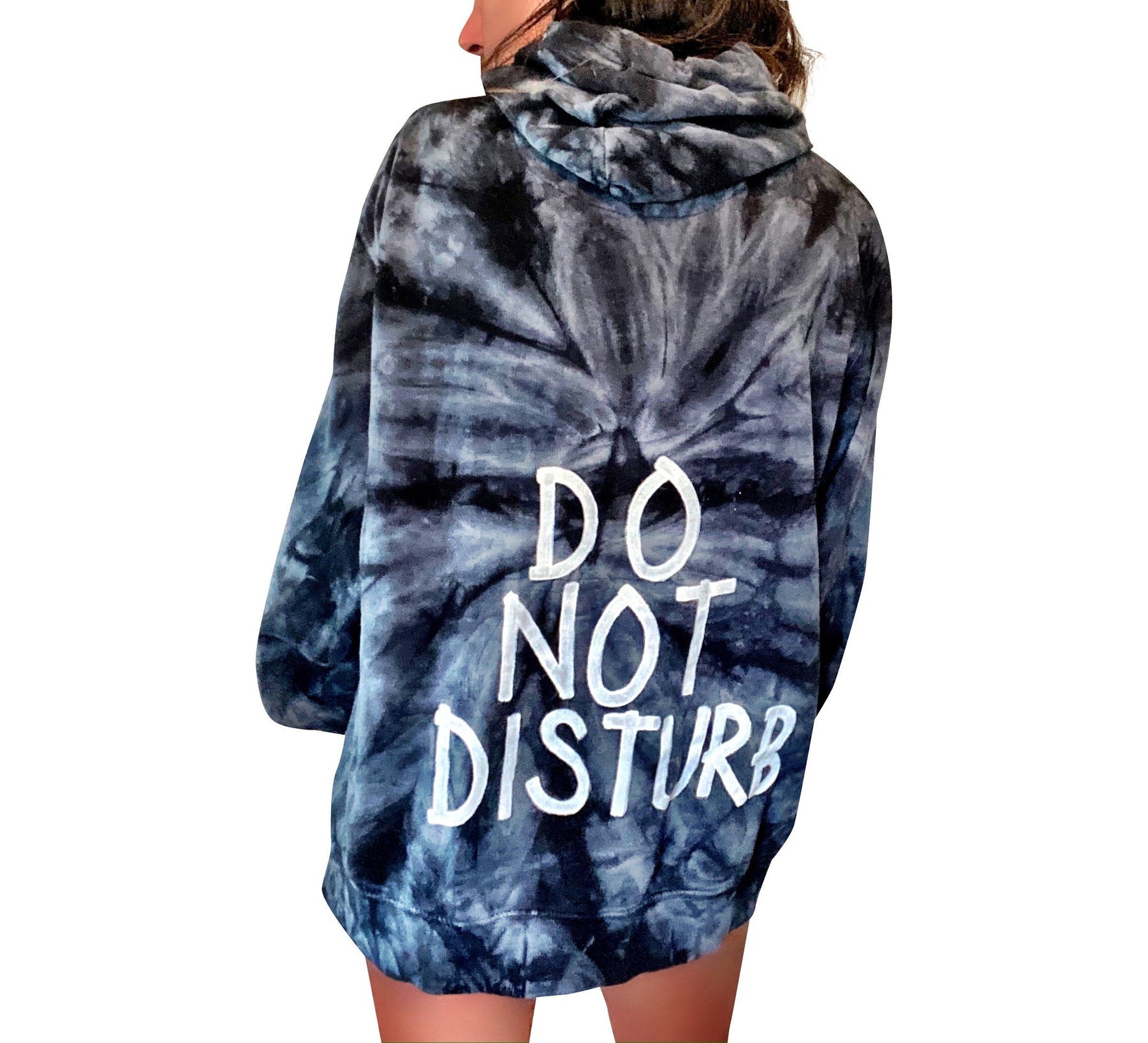 The perfect tie dye hoodie. DO NOT DISTURB painted on back in white. Light blue peace sign painted on front chest on blue hoodie, and white on heather grey hoodie. Signed @wrenandglory.