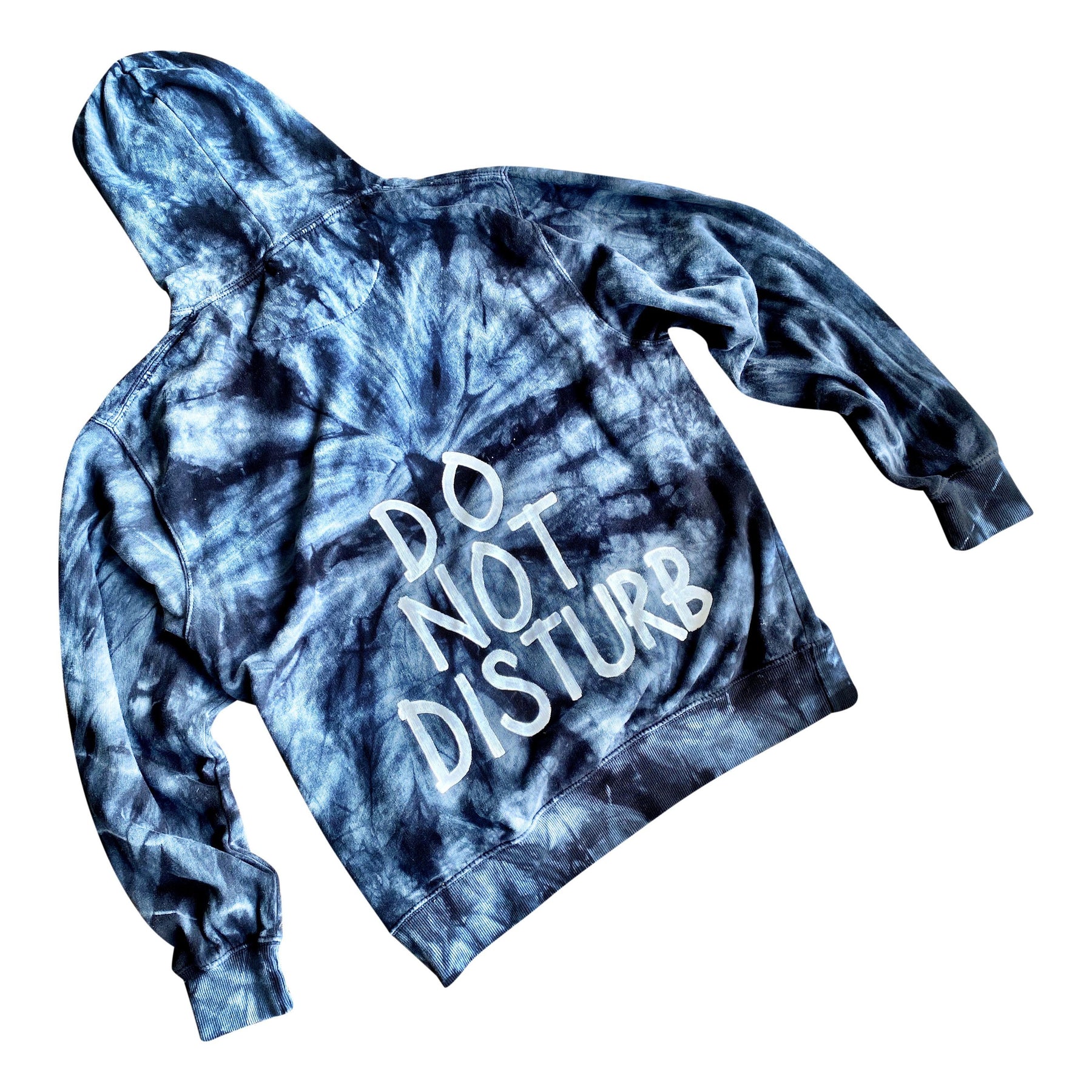 The perfect tie dye hoodie. DO NOT DISTURB painted on back in white. Light blue peace sign painted on front chest on blue hoodie, and white on heather grey hoodie. Signed @wrenandglory.