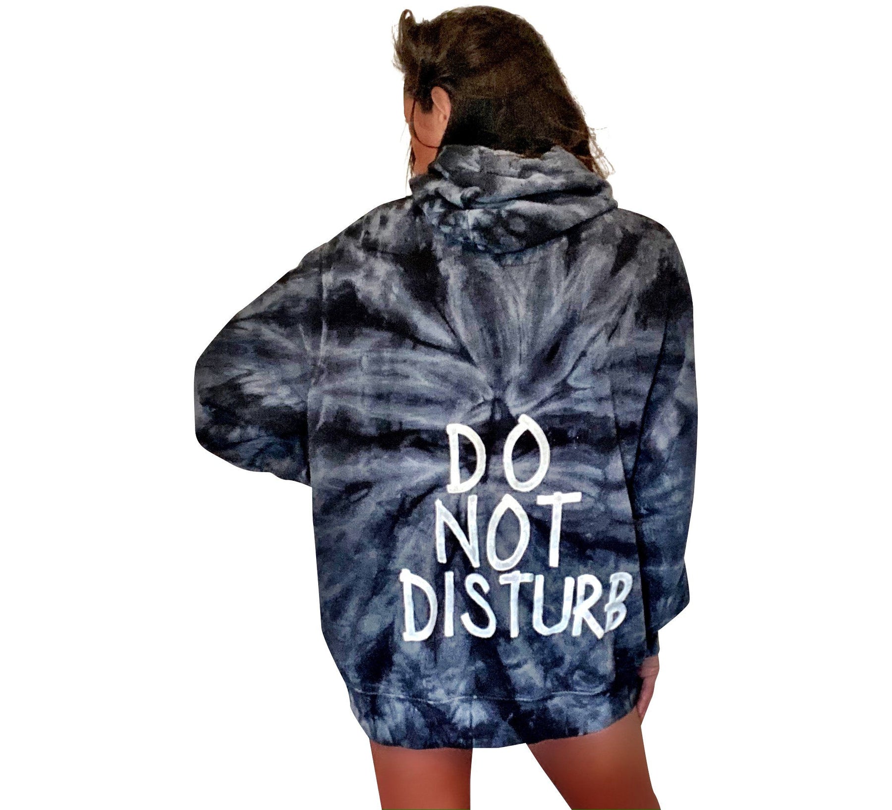 The perfect tie dye hoodie. DO NOT DISTURB painted on back in white. Light blue peace sign painted on front chest on blue hoodie, and white on heather grey hoodie. Signed @wrenandglory.