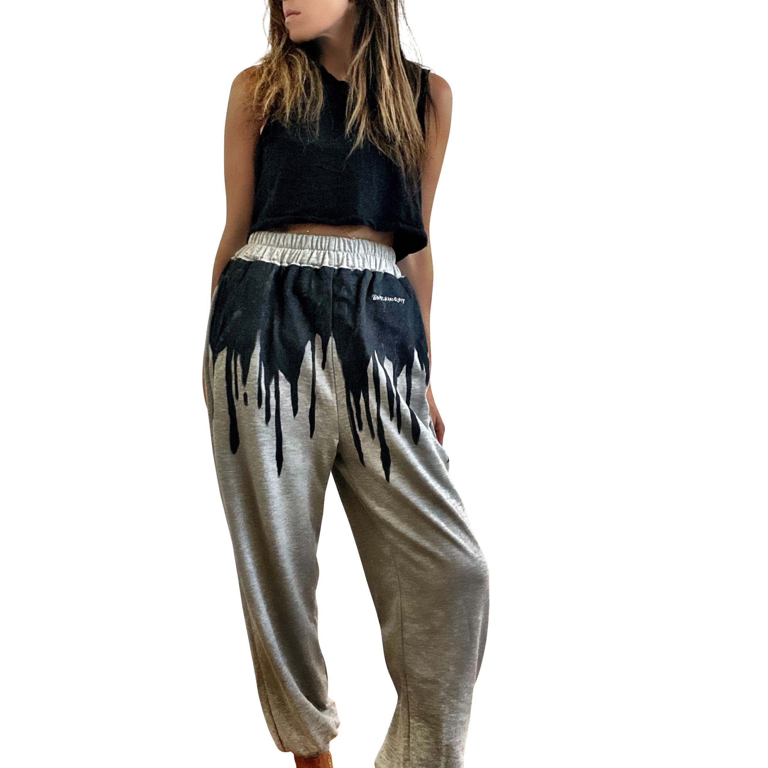 The perfect gray jogger sweat pant. Black painted around entire top on sweat pant, with drip effect. Signed @wrenandglory.