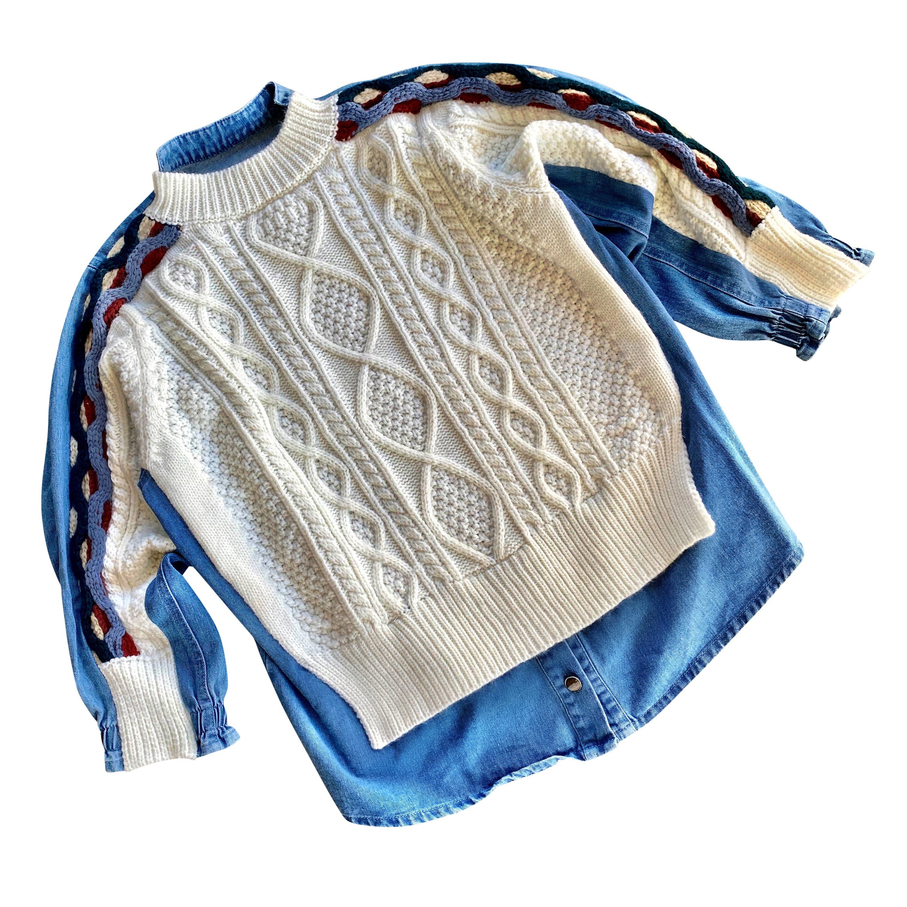 Knit sweater, with denim shirt on back. HO HO HO painted in white, green and red on back with small Santa hat. Signed @wrenandglory.