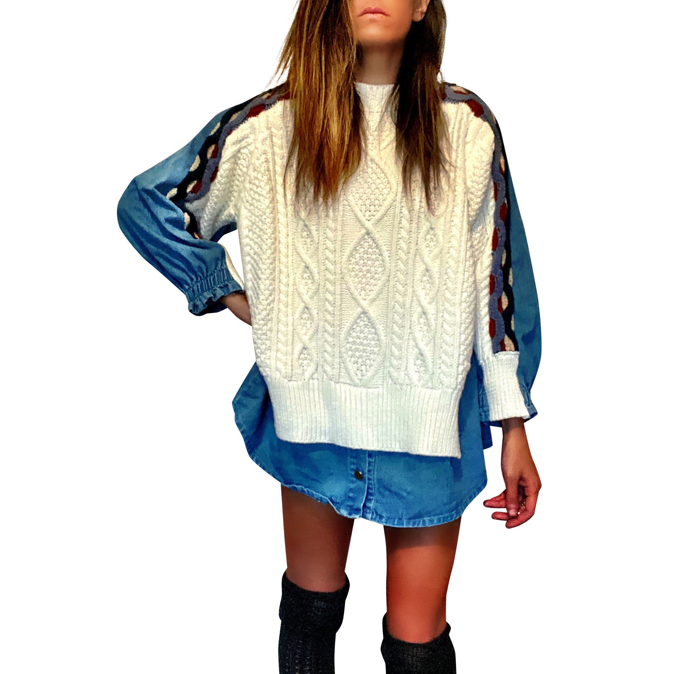 Knit sweater, with denim shirt on back. HO HO HO painted in white, green and red on back with small Santa hat. Signed @wrenandglory.