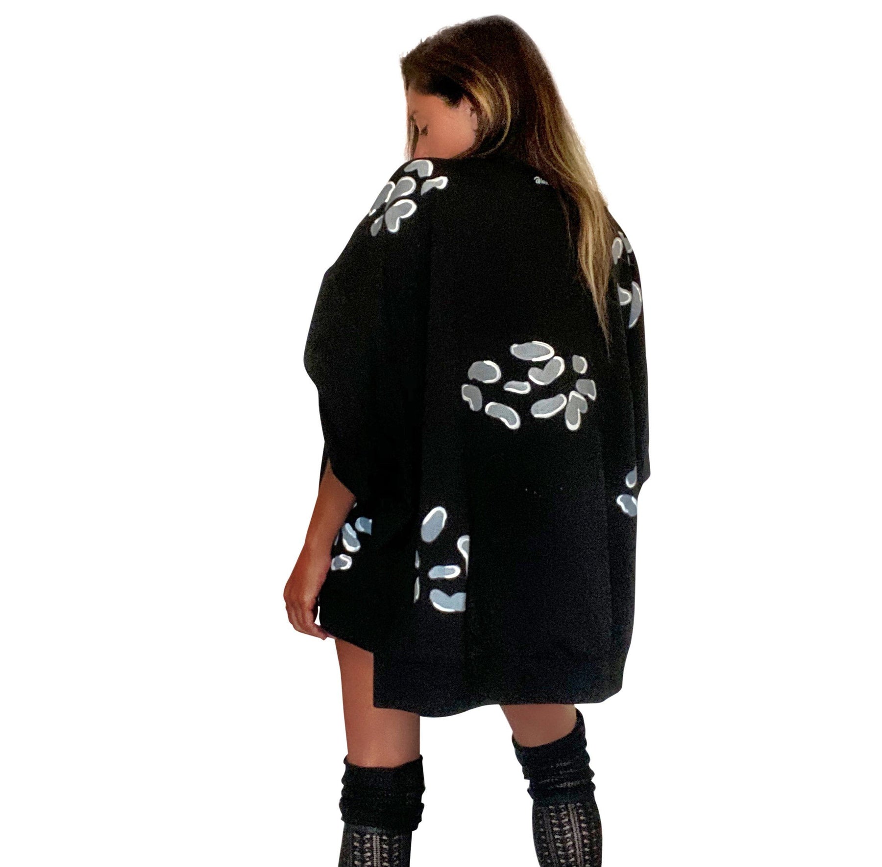Oversized black crewneck sweatshirt. Panther pattern painted throughout in gray and white. Signed @wrenandglory.