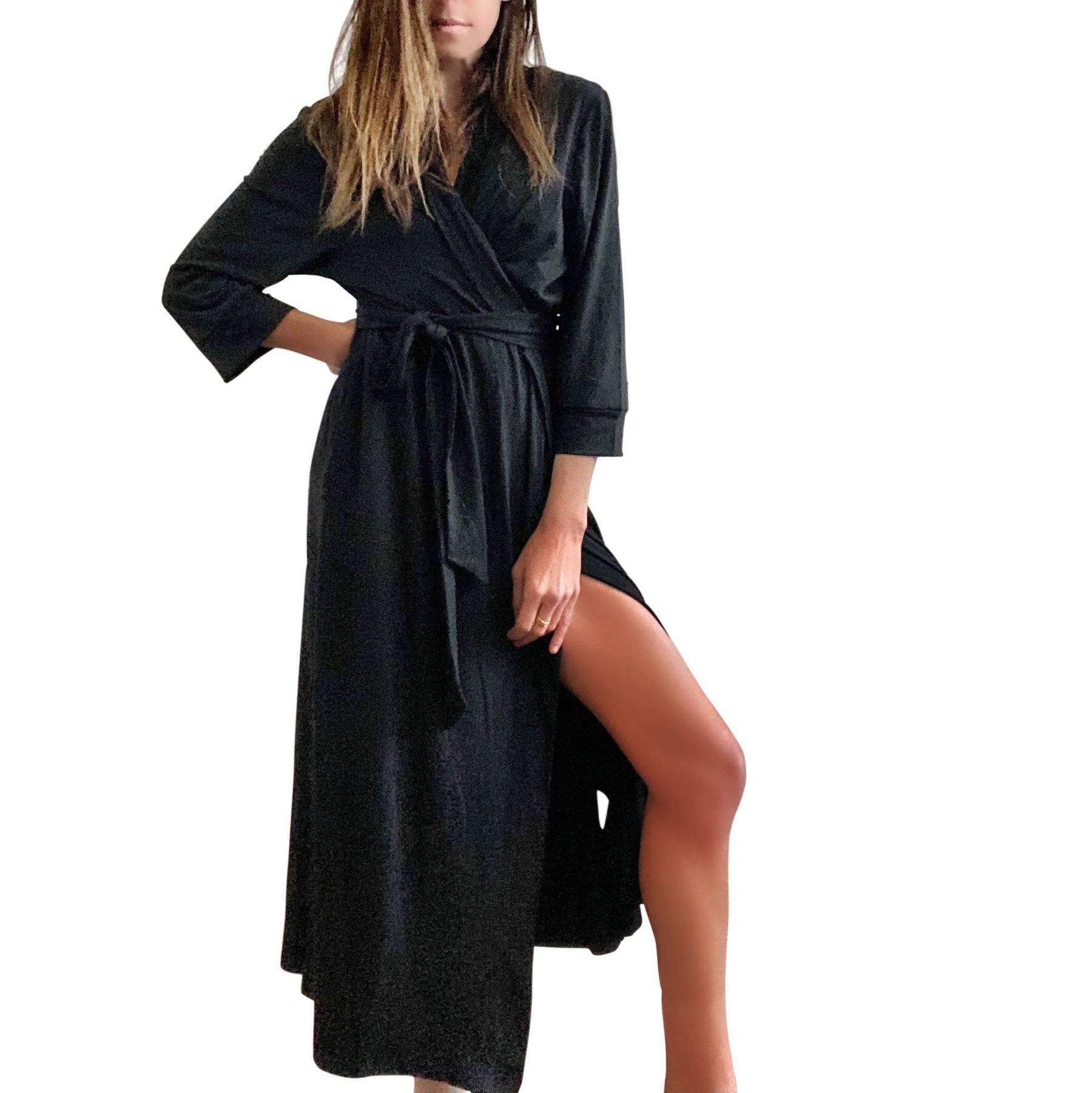 Black, super soft, stretch cotton. robe. LE TIRED painted on the back in gold. Belted, with inside ties for secure closure. Signed @wrenandglory.
