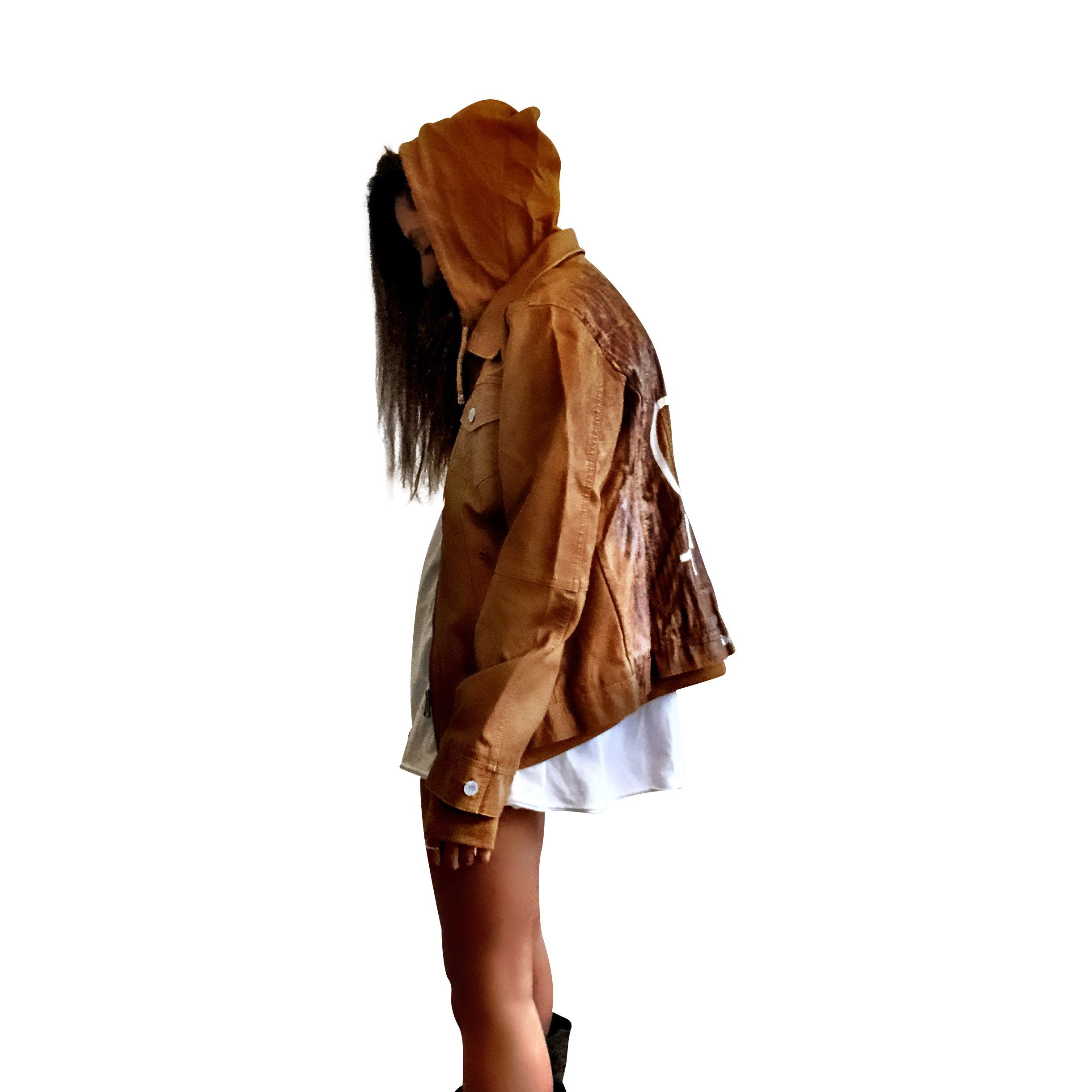 Light brown, faux leather jacket with tan sweatshirt lining the inside, with good and thumbholes at sleeves. Tree trunk painted across entire back in dark brown, with heart carved out and ' ___ + ___' painted inside. Please specify names above. Signed @wrenandglory.