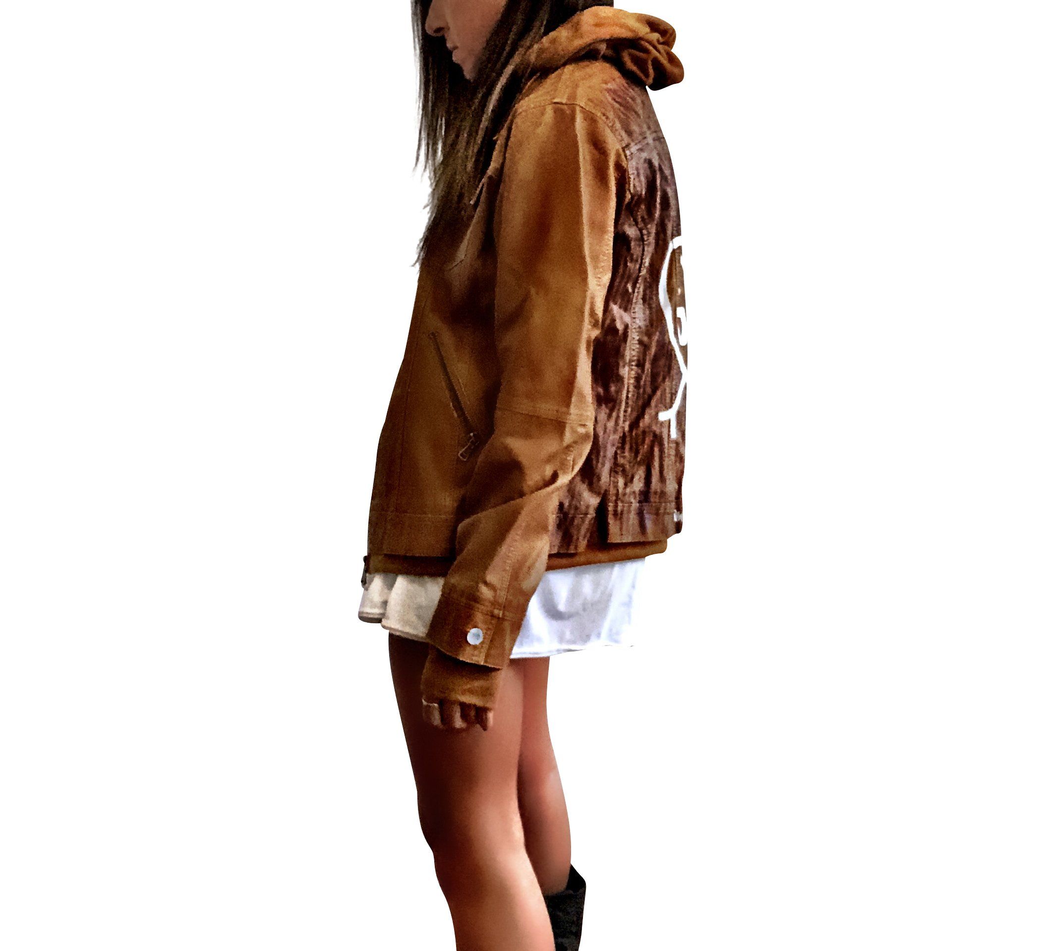 Light brown, faux leather jacket with tan sweatshirt lining the inside, with good and thumbholes at sleeves. Tree trunk painted across entire back in dark brown, with heart carved out and ' ___ + ___' painted inside. Please specify names above. Signed @wrenandglory.