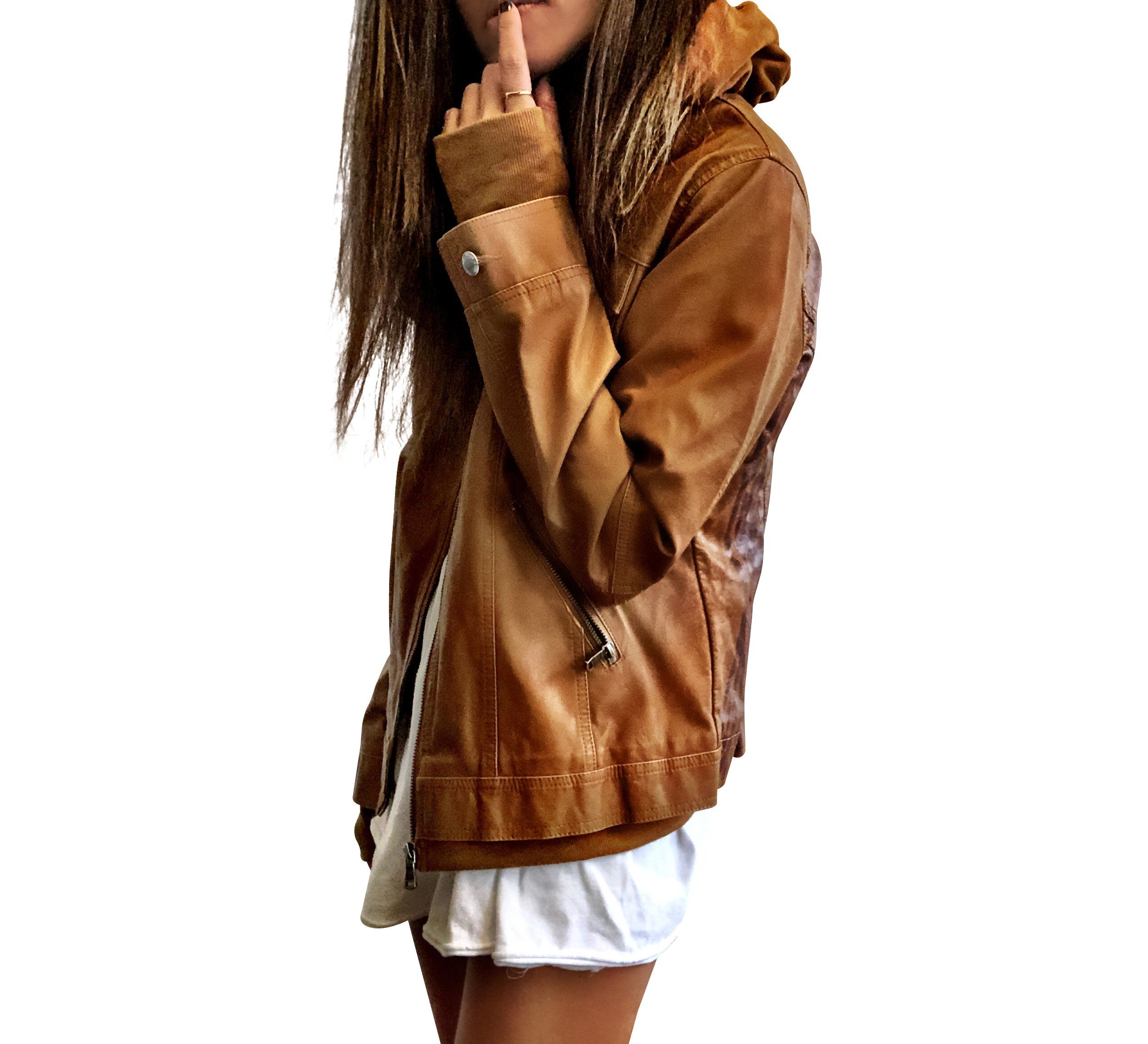 Light brown, faux leather jacket with tan sweatshirt lining the inside, with good and thumbholes at sleeves. Tree trunk painted across entire back in dark brown, with heart carved out and ' ___ + ___' painted inside. Please specify names above. Signed @wrenandglory.