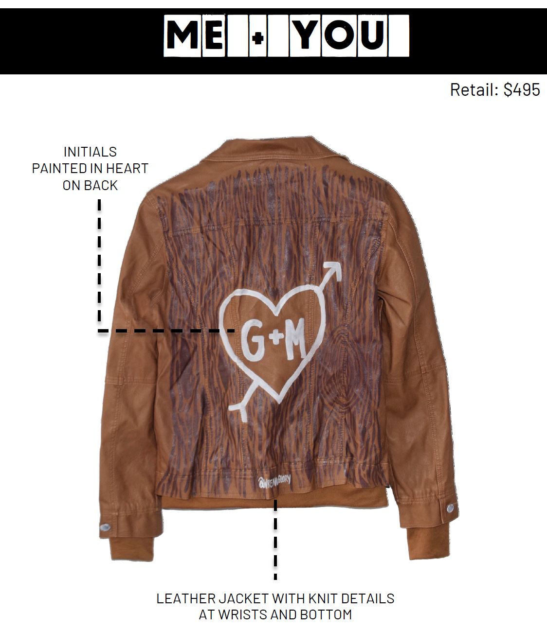 Light brown, faux leather jacket with tan sweatshirt lining the inside, with good and thumbholes at sleeves. Tree trunk painted across entire back in dark brown, with heart carved out and ' ___ + ___' painted inside. Please specify names above. Signed @wrenandglory.