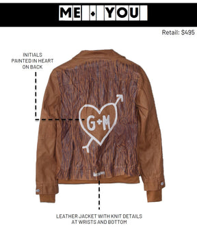 Light brown, faux leather jacket with tan sweatshirt lining the inside, with good and thumbholes at sleeves. Tree trunk painted across entire back in dark brown, with heart carved out and ' ___ + ___' painted inside. Please specify names above. Signed @wrenandglory.