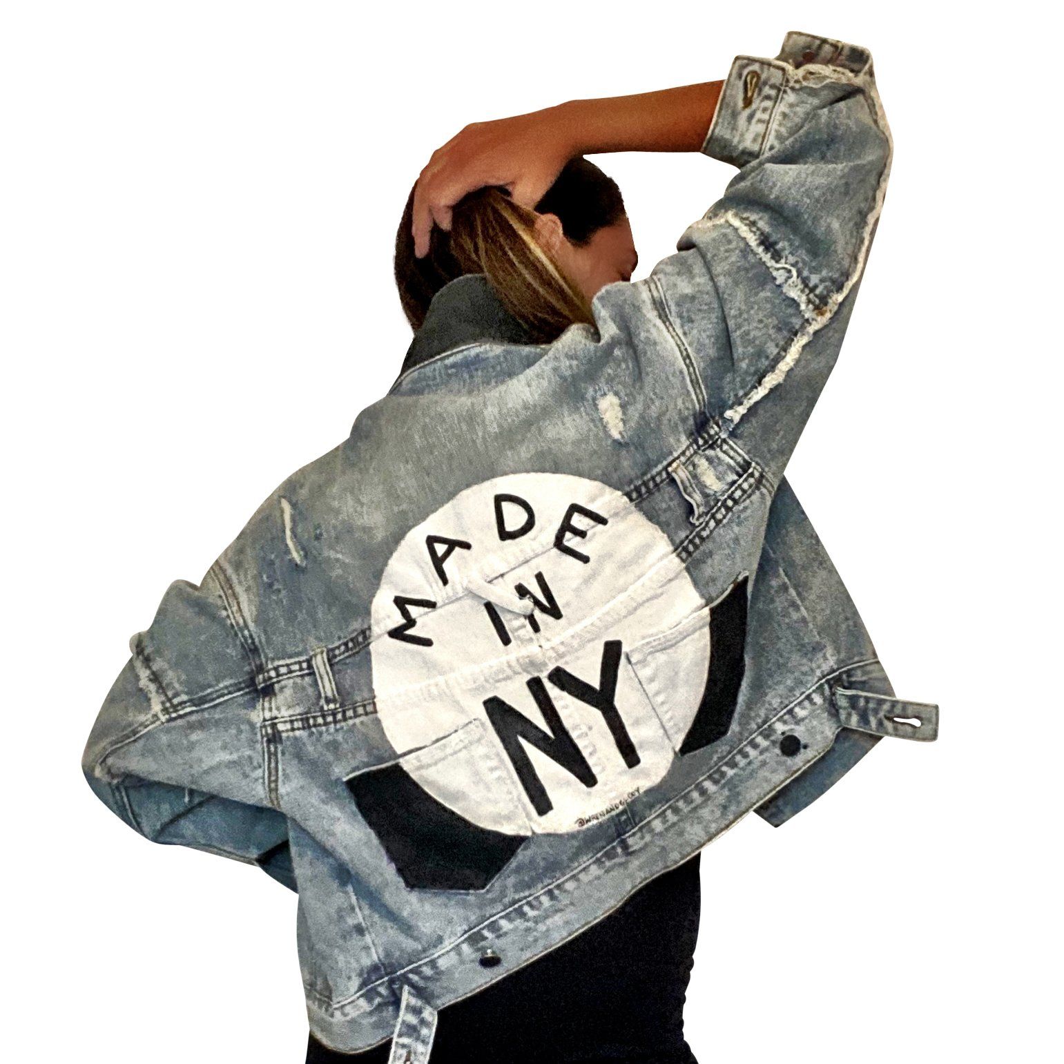 Lighter blue denim wash. White circle, painted MADE IN NYC inside in black. Pockets and hems painted black Signed @wrenandglory.