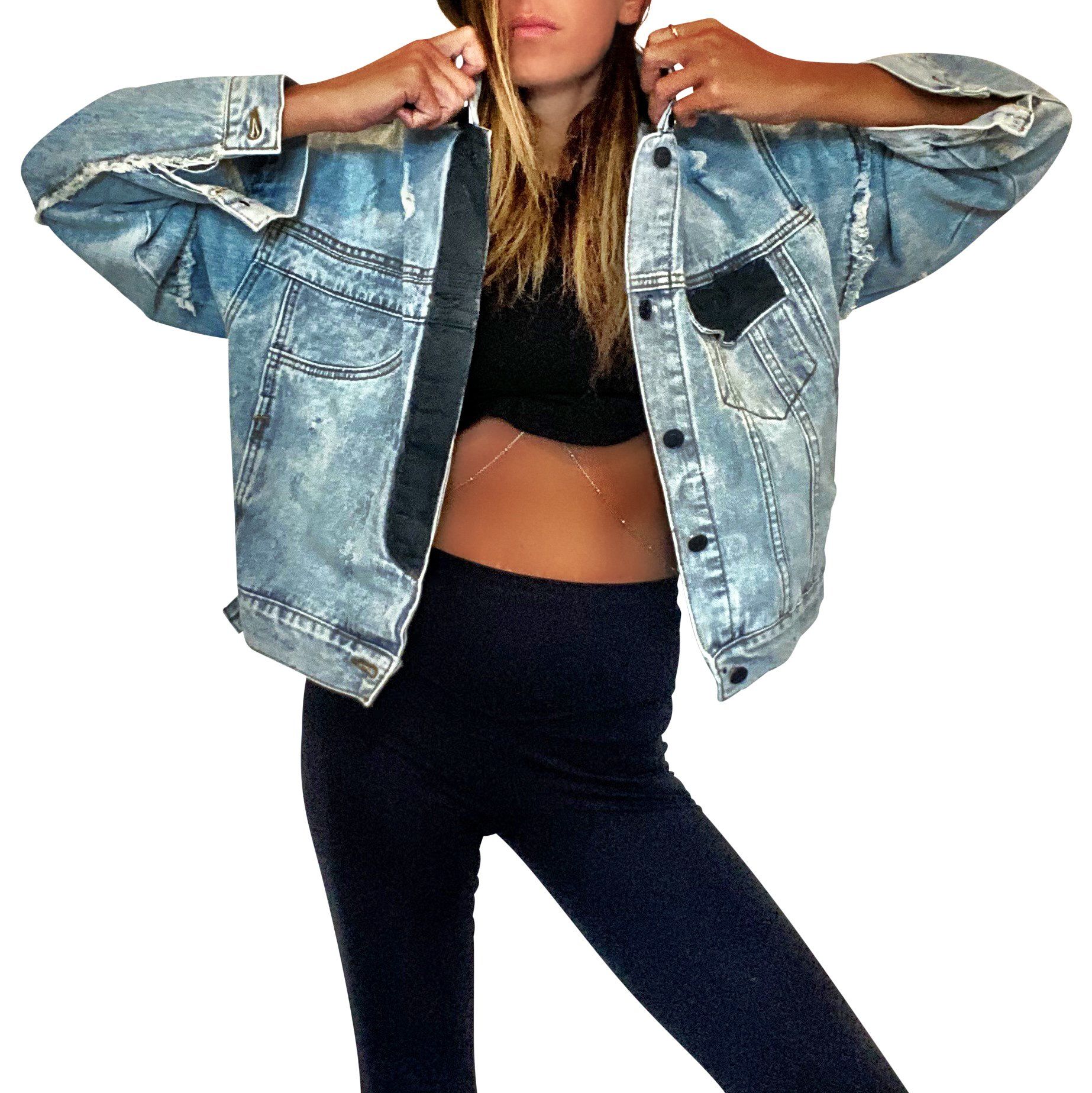 Lighter blue denim wash. White circle, painted MADE IN NYC inside in black. Pockets and hems painted black Signed @wrenandglory.