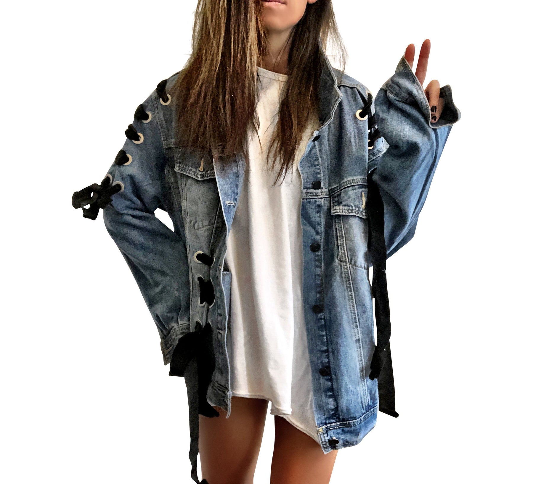 Dark blue denim wash, with velvert ribbon threaded through arms and front, lower left side. Ombre of colored striped on back, with large black initial painted in open block font over the colors. 'BE THE MAGIC' painted on color in black. Please specify initial above. Signed @wrenandglory.
