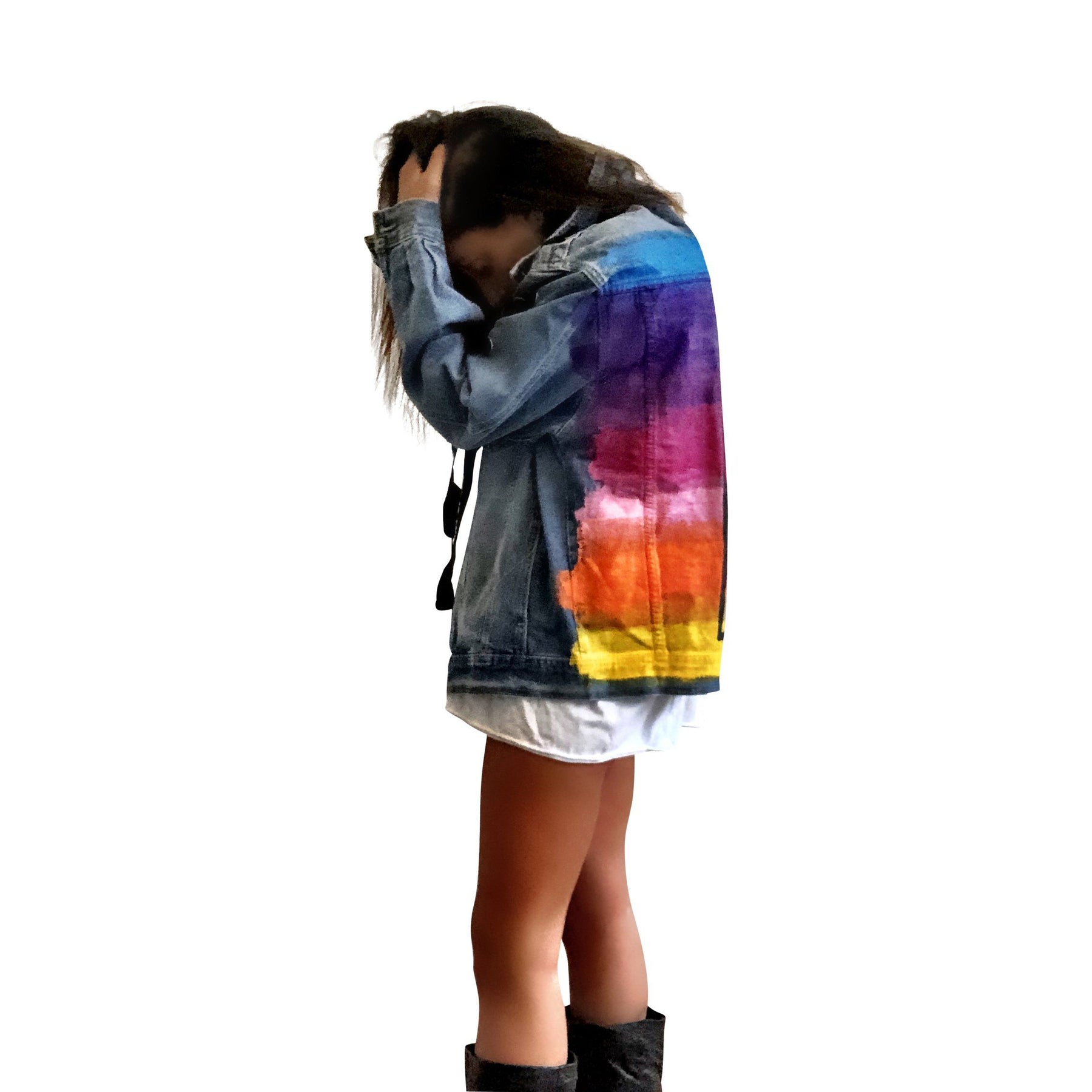 Dark blue denim wash, with velvert ribbon threaded through arms and front, lower left side. Ombre of colored striped on back, with large black initial painted in open block font over the colors. 'BE THE MAGIC' painted on color in black. Please specify initial above. Signed @wrenandglory.