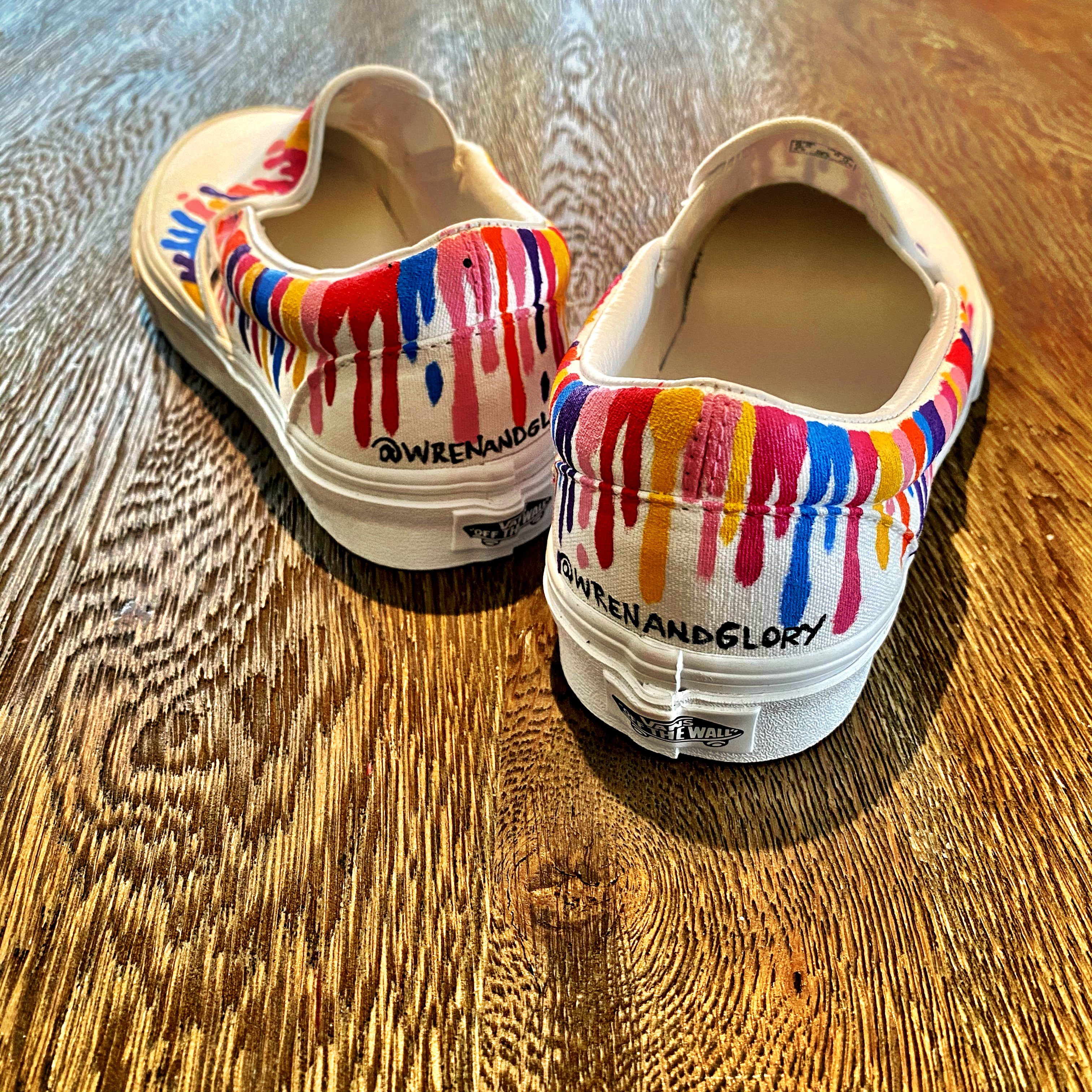 Painted on White Vans Classic Slip-On Assorted colors painted in heavy drip effect across entire sneaker. Signed @wrenandglory.