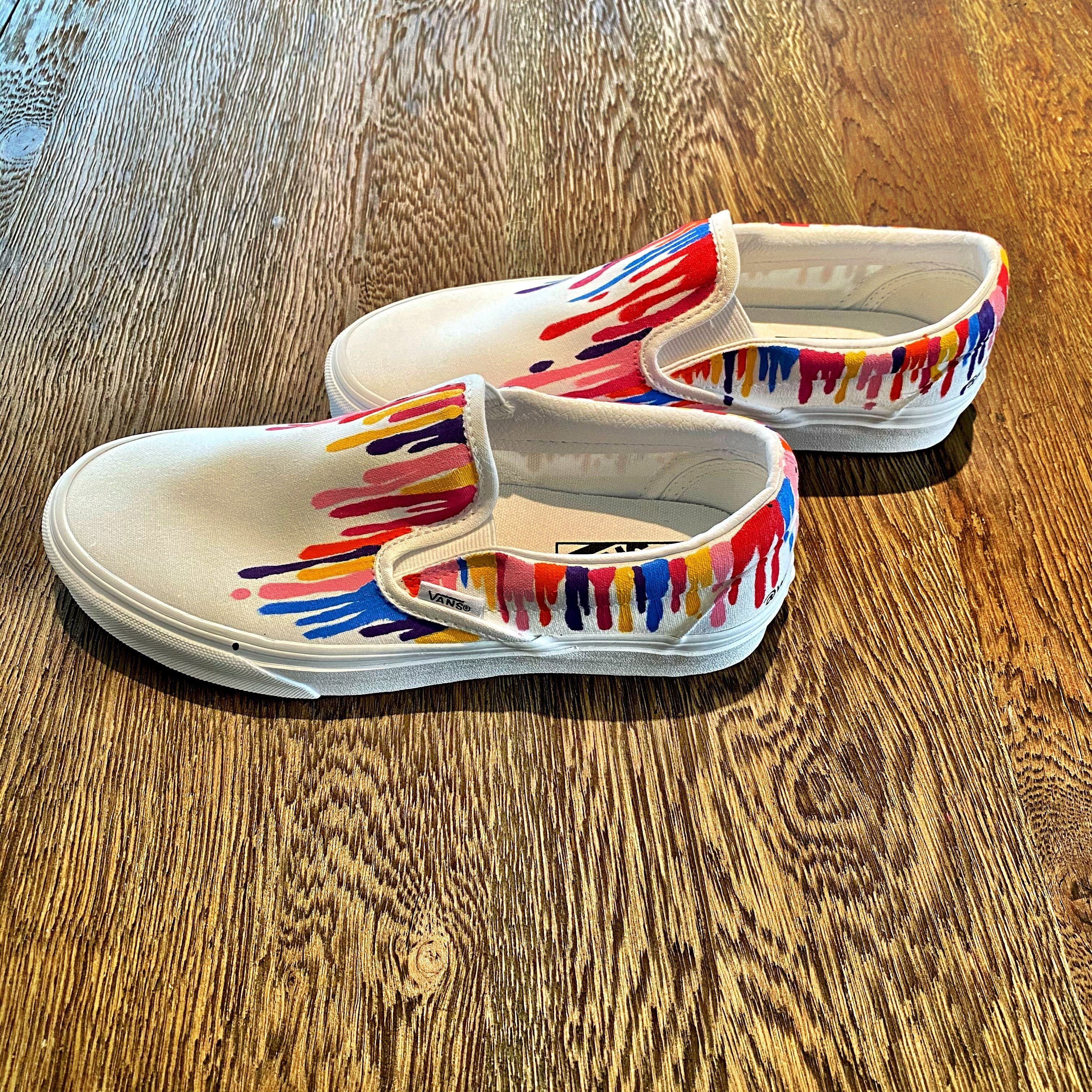 Painted on White Vans Classic Slip-On Assorted colors painted in heavy drip effect across entire sneaker. Signed @wrenandglory.