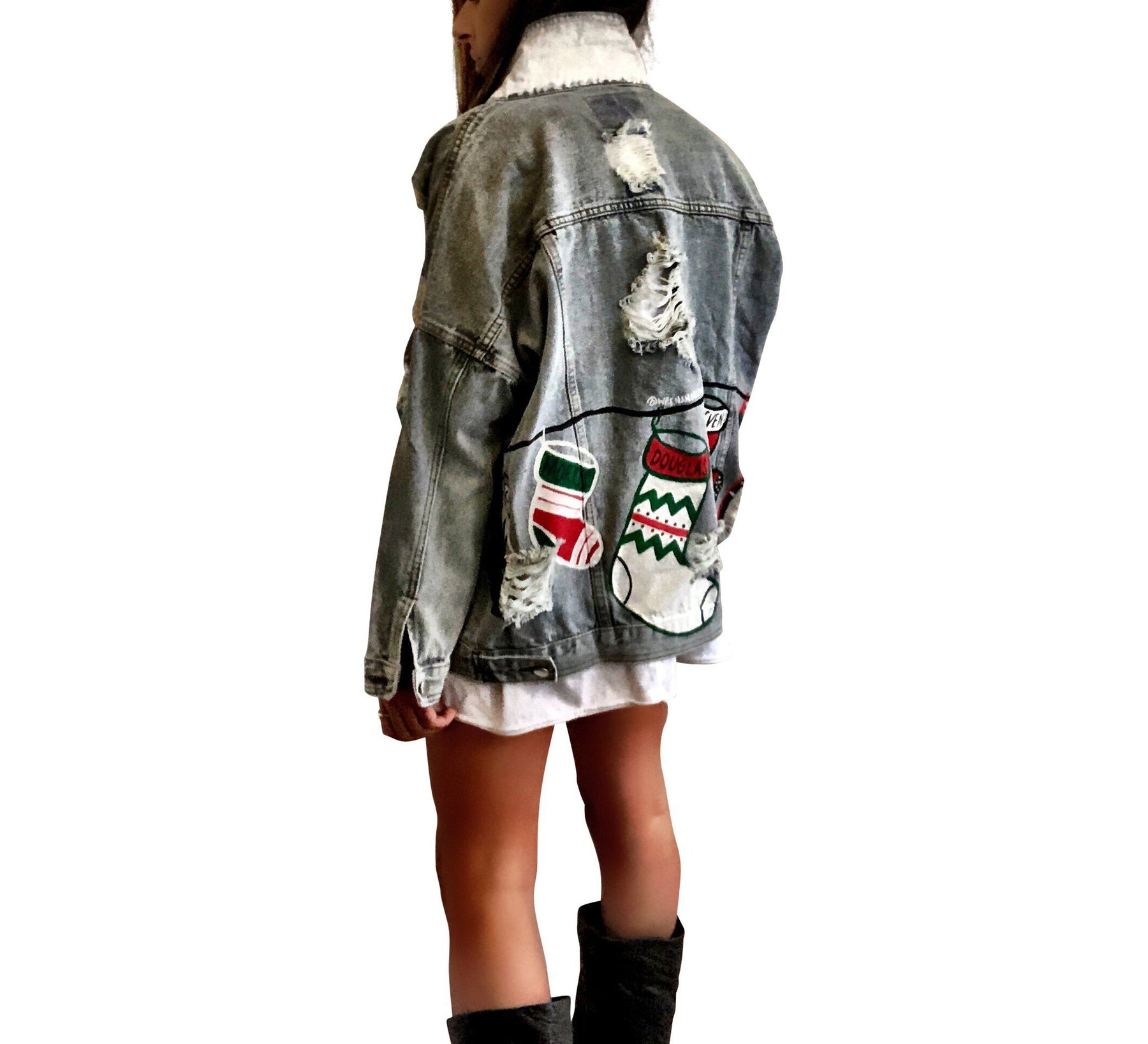 Medium blue denim wash. Christmas stockings painted across back, customized with the family member's name on each stocking. Amount of stocking depending on how many family members. Can fit up to 8 stockings. Please specify names above. Color and front pockets painted white. Signed @wrenandglory.