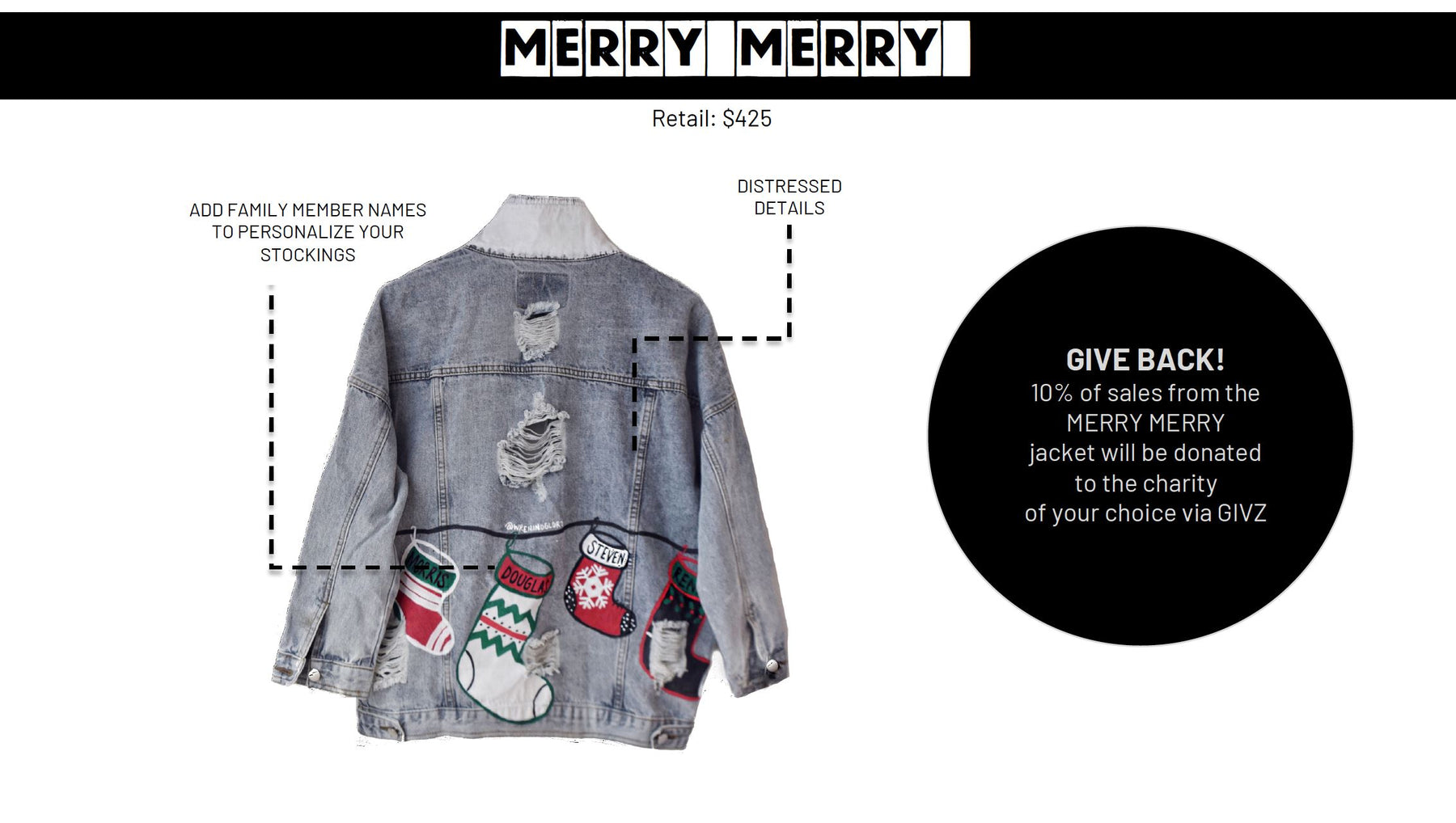 Medium blue denim wash. Christmas stockings painted across back, customized with the family member's name on each stocking. Amount of stocking depending on how many family members. Can fit up to 8 stockings. Please specify names above. Color and front pockets painted white. Signed @wrenandglory.