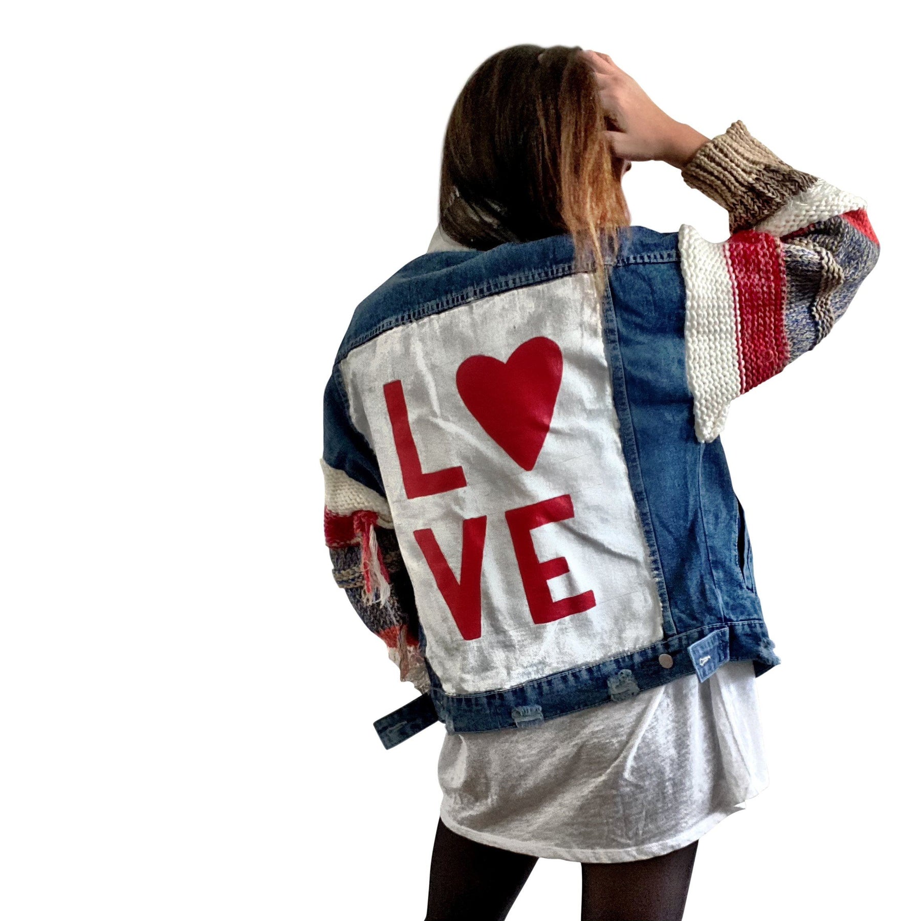 Dark blue denim jacket with  super comfortable knit sleeves. White base on back, with LOVE painted over in red, with a heart Signed @wrenandglory.