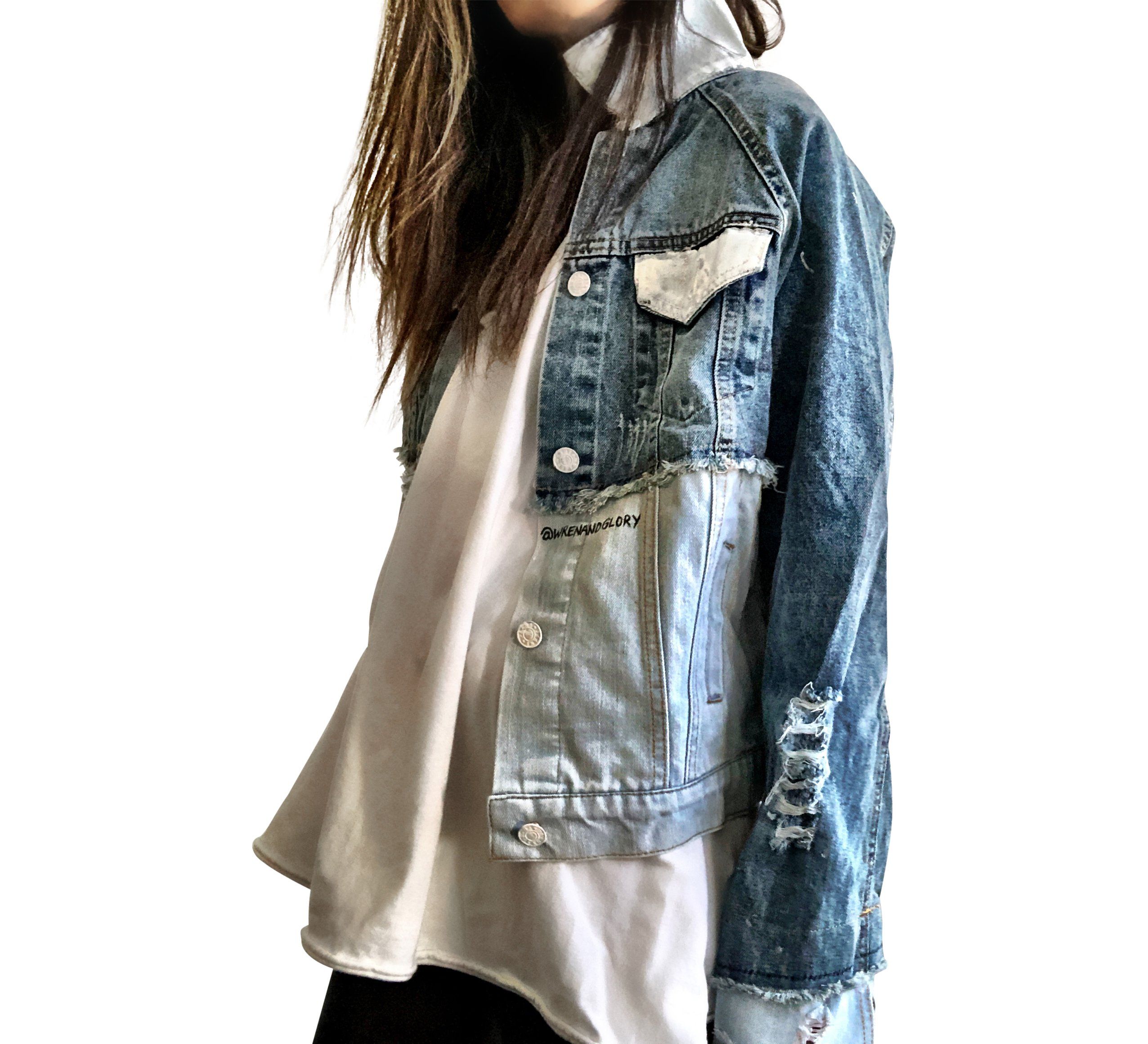 2 tone blue denim wash. BE YOURSELF. EVERYONE ELSE IS TAKEN (CROSSED OUT) AN IDIOT painted in white & black on back. Signed @wrenandglory.