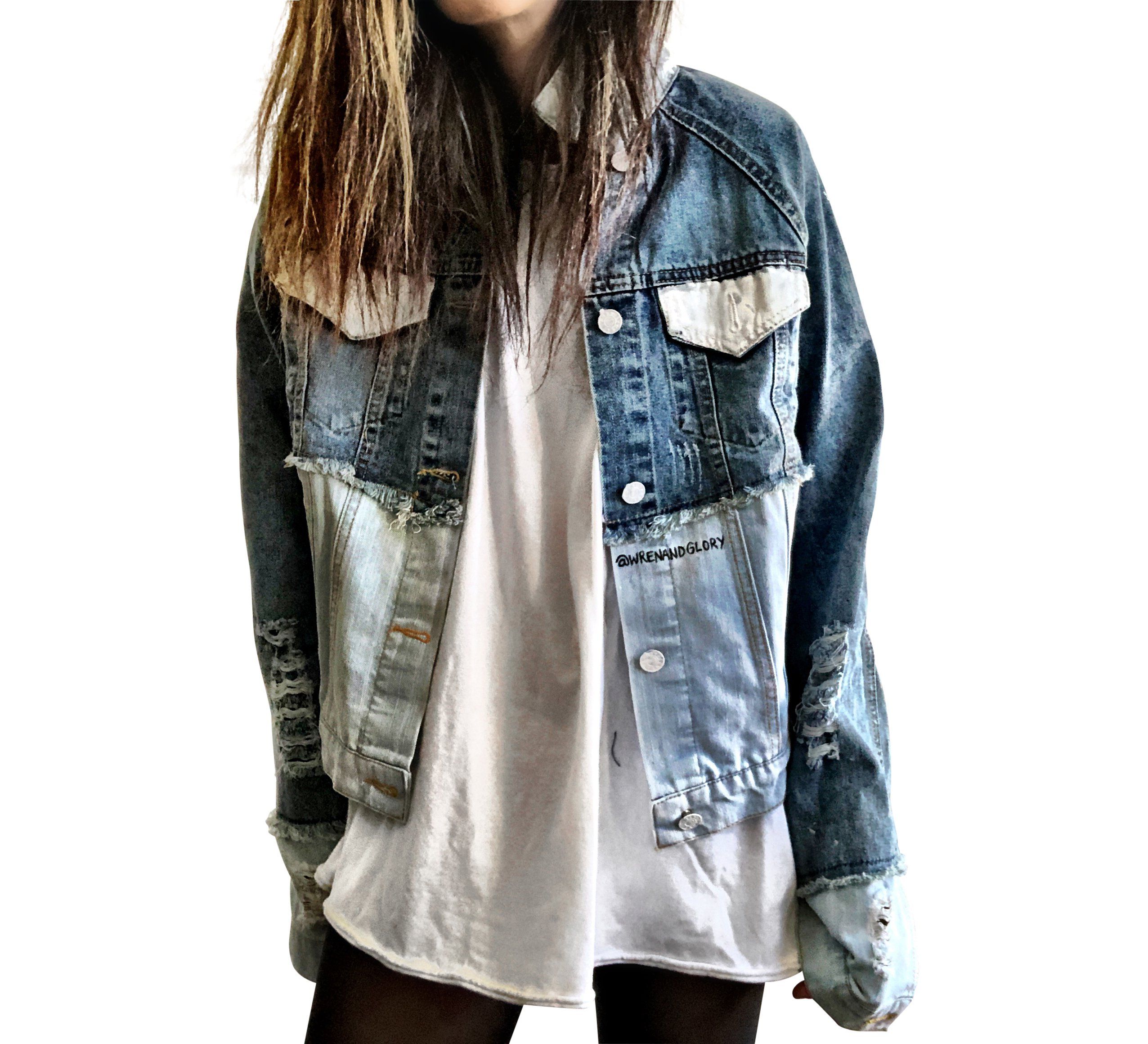 2 tone blue denim wash. BE YOURSELF. EVERYONE ELSE IS TAKEN (CROSSED OUT) AN IDIOT painted in white & black on back. Signed @wrenandglory.