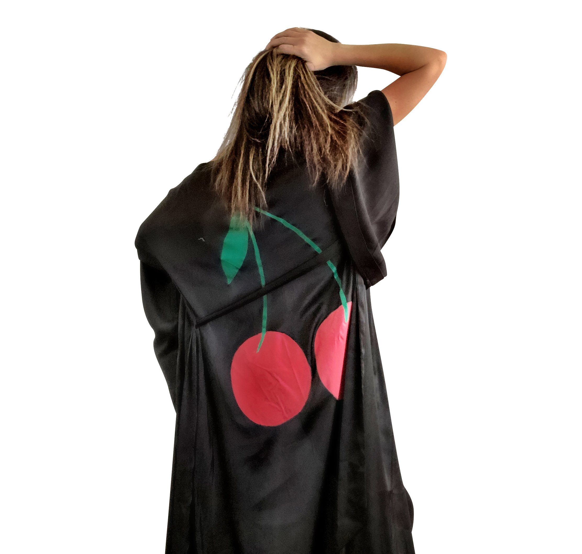 Black, super soft, satin long kimono robe. Pair of cherries painted in back in in red and green. Belted, with bell sleeves. Signed @wrenandglory.