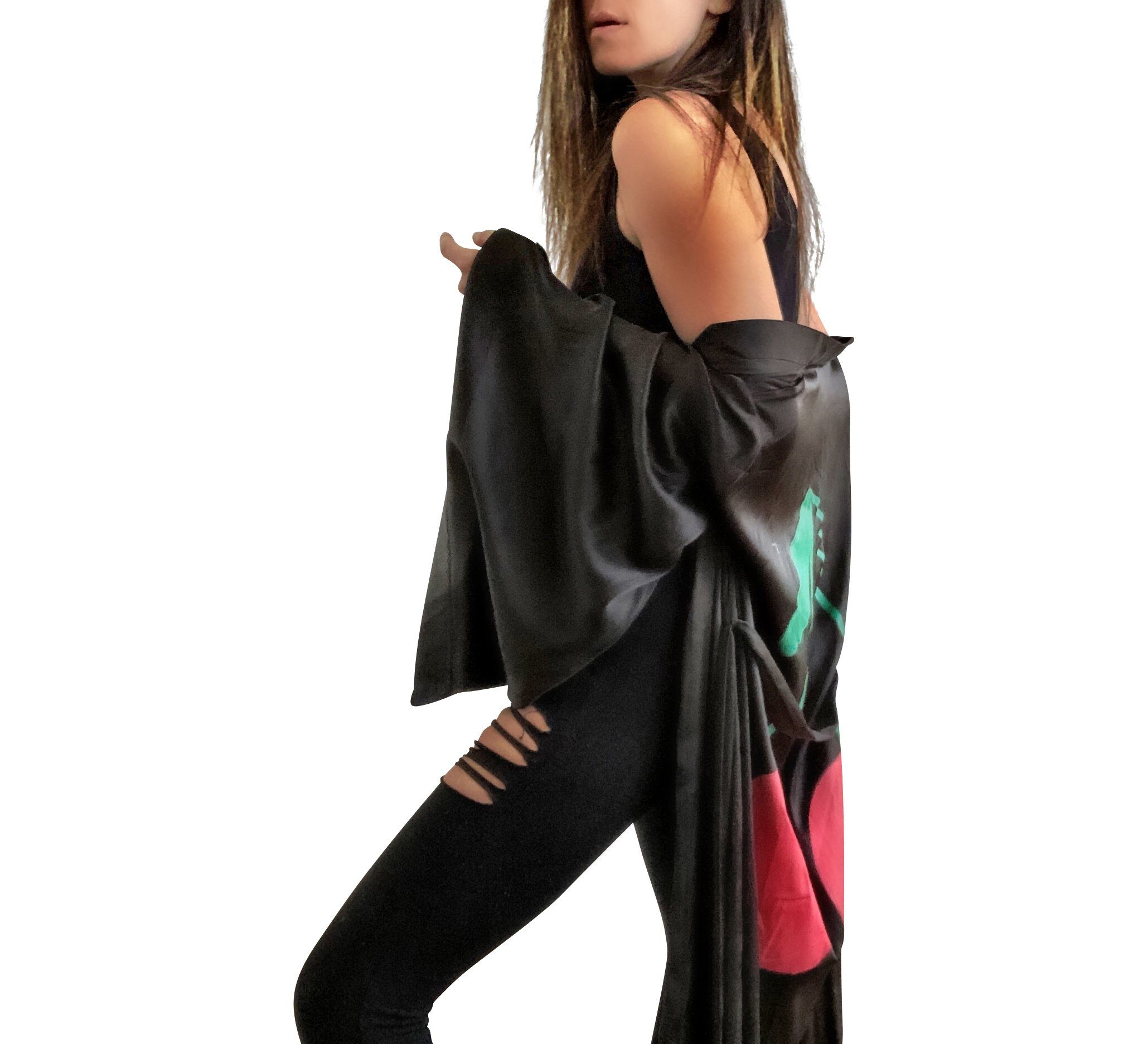 Black, super soft, satin long kimono robe. Pair of cherries painted in back in in red and green. Belted, with bell sleeves. Signed @wrenandglory.