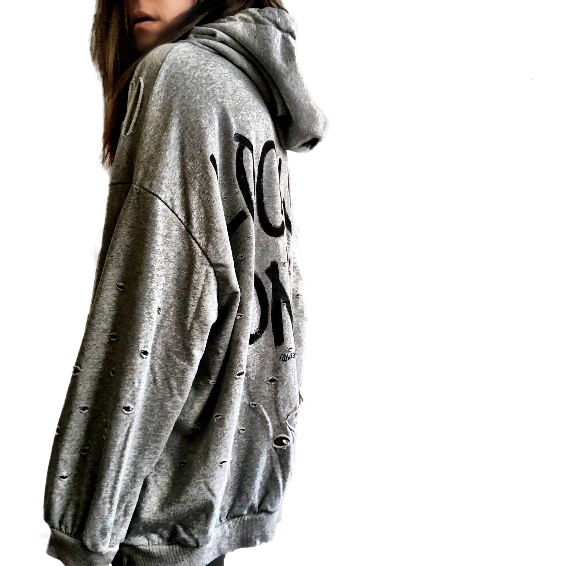 The perfect oversized, gray, distressed hoodie. LOCALS ONLY painted in back in with NYC 2019 in small along edge of hood. Signed @wrenandglory.