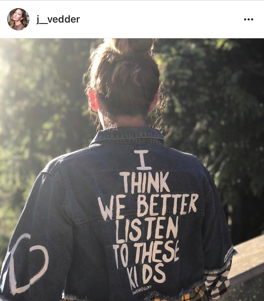 jill vedder wears her wren and glory denim jacket for march for our lives