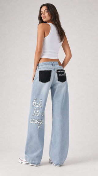 'Fish Like A Savage' Painted Jeans