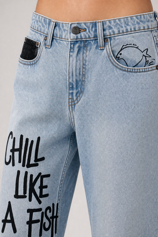 'Fish Like A Savage' Painted Jeans