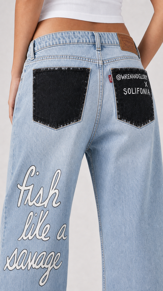 'Fish Like A Savage' Painted Jeans