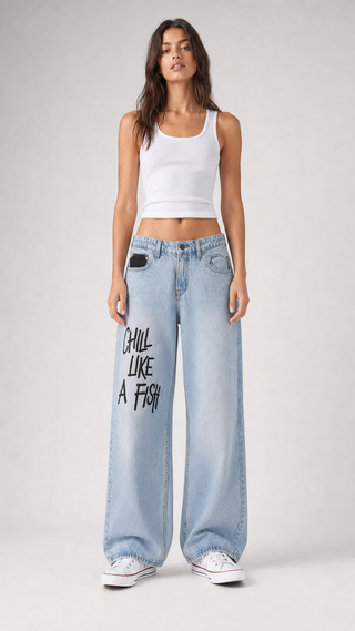 'Fish Like A Savage' Painted Jeans