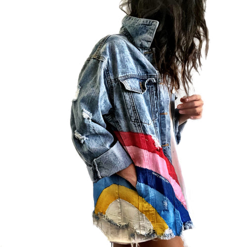 remake denim laundry bagy→jacket Remake denim laundry bag into a jacket.