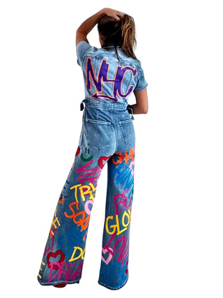 'Straight Outta NYC' Painted Denim Jumpsuit