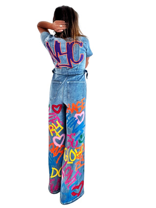 'Straight Outta NYC' Painted Denim Jumpsuit