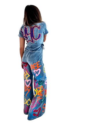 'Straight Outta NYC' Painted Denim Jumpsuit