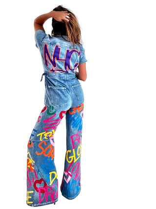 'Straight Outta NYC' Painted Denim Jumpsuit