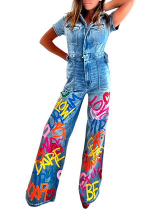 'Straight Outta NYC' Painted Denim Jumpsuit